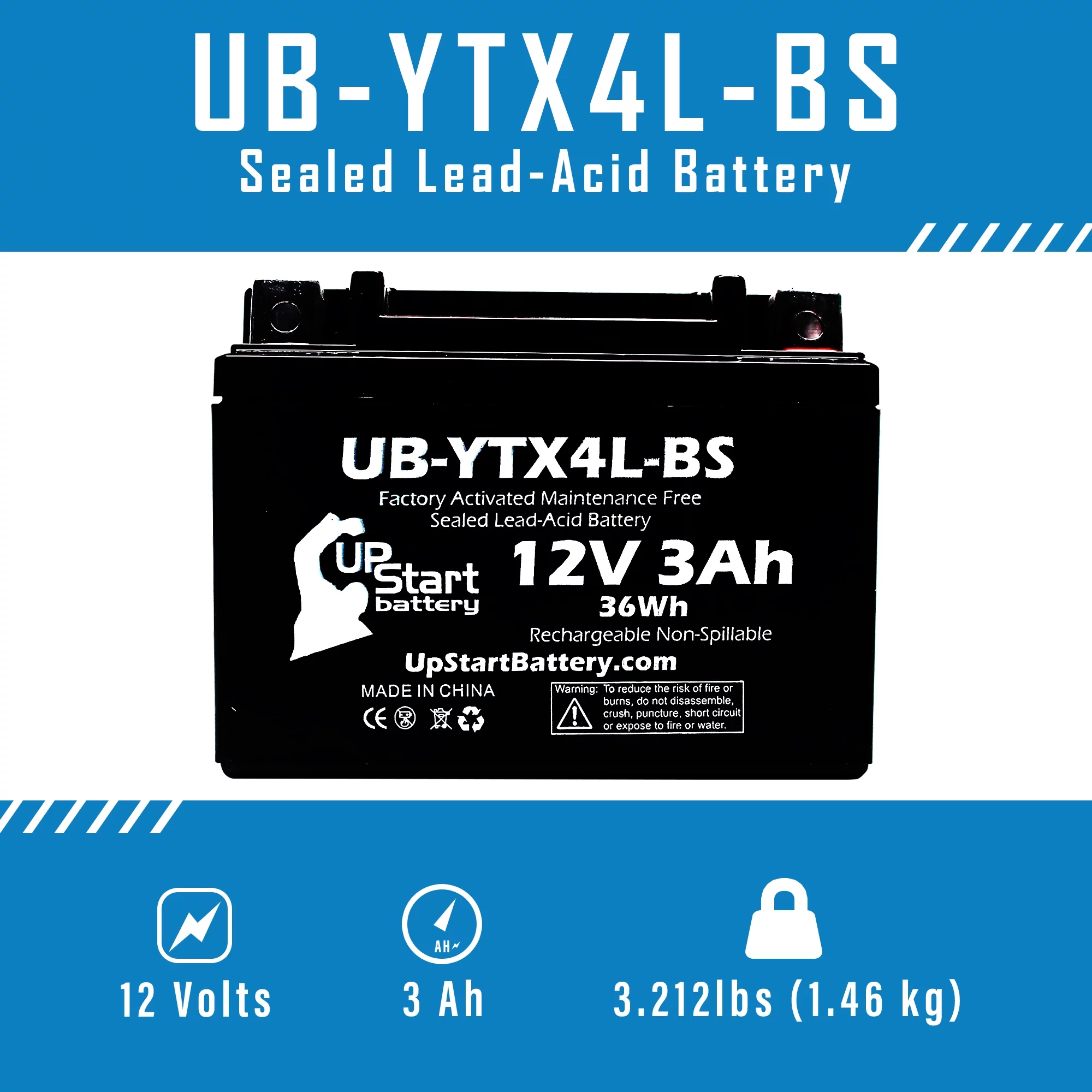 2-Pack Replacement 2011 Snapper All Walk Behind Mowers (Electric Start) CC Factory Activated, Maintenance Free, Riding Mower Battery - 12V, 3Ah, UB-YTX4L-BS