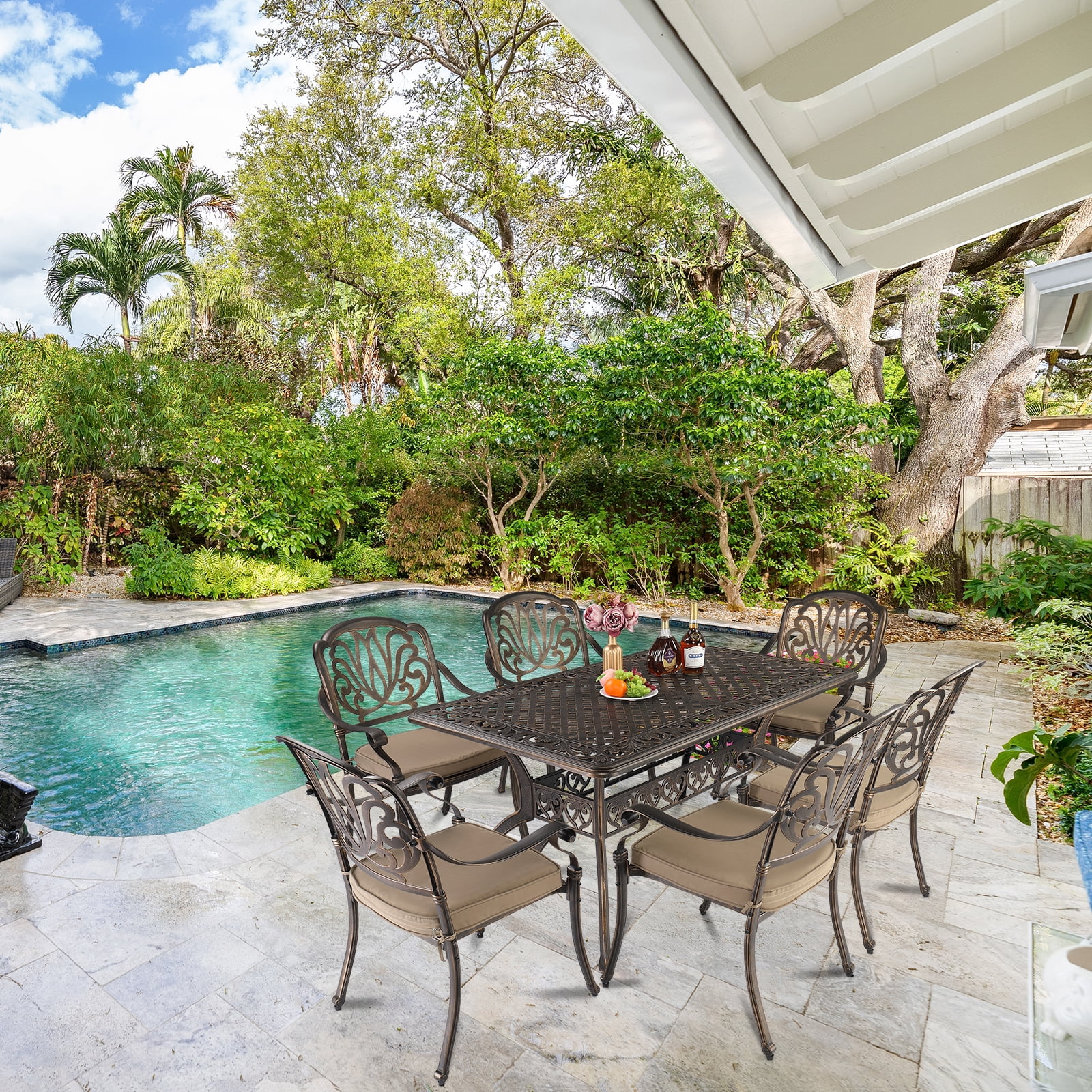 59in Outdoor Patio Dining Table with Mosaic Design, Durable Cast Aluminum Construction, Bronze Finish (Table Only)