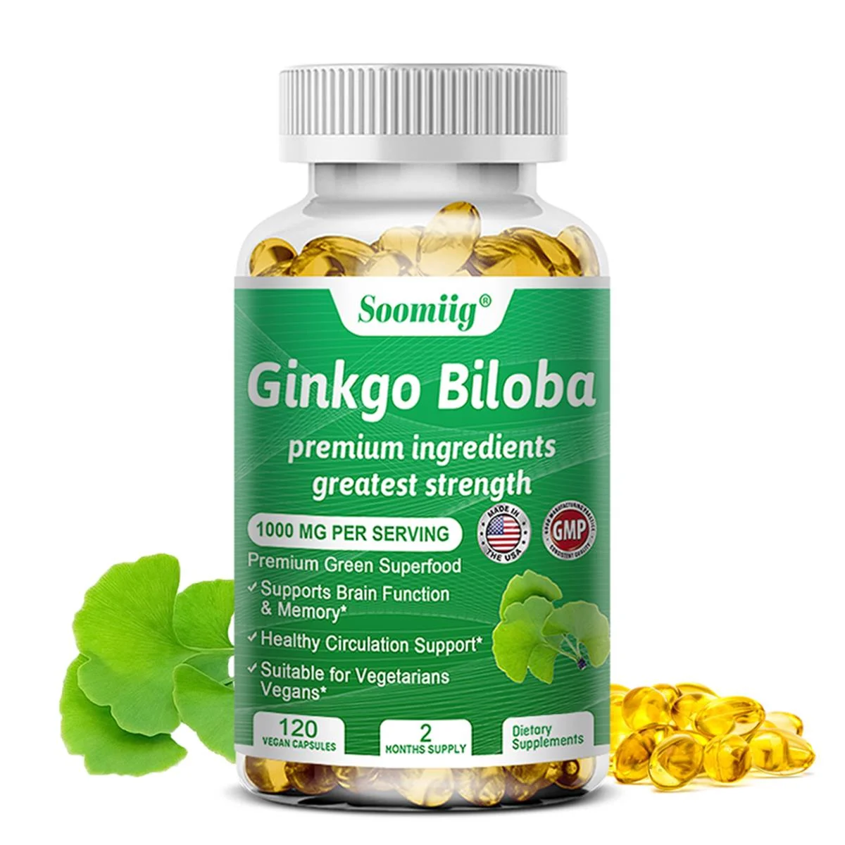 Soomiig 1000mg Ginkgo Biloba Capsules - Supports Memory, Focus and Brain-enhancing Supplement - 30/60/120 Capsules