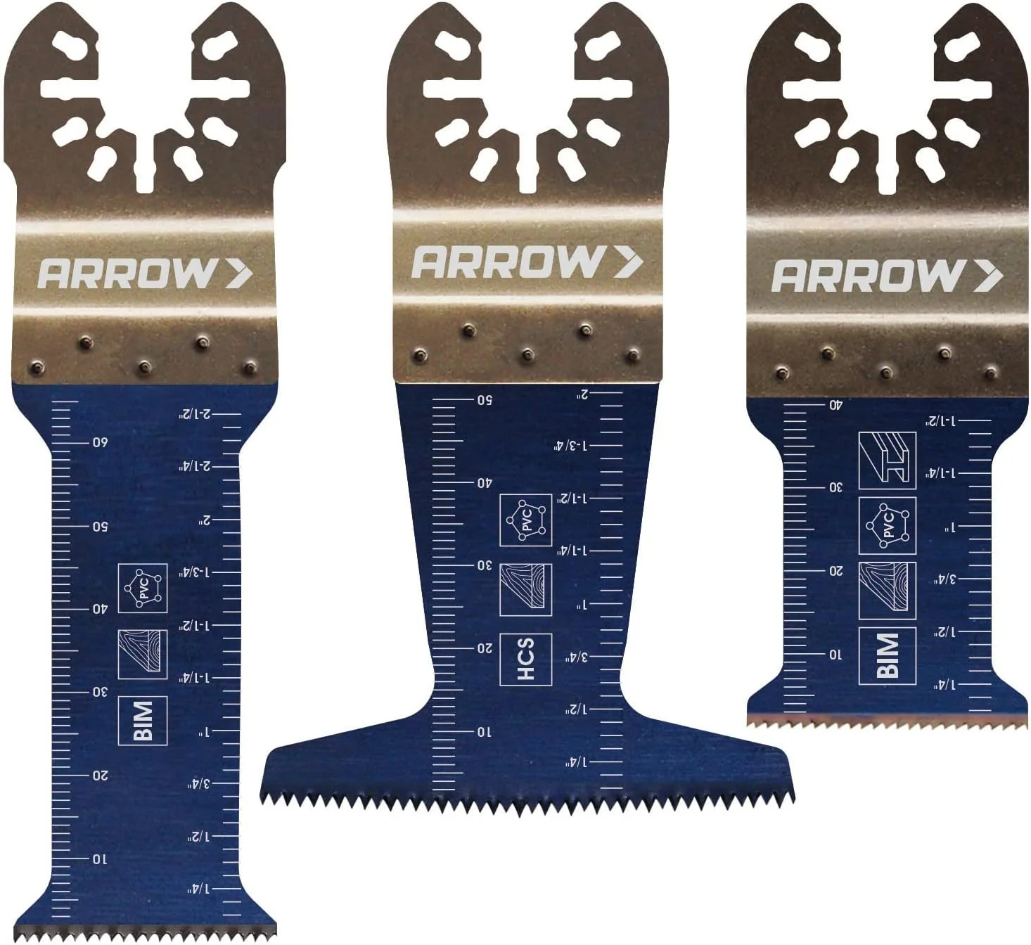 Arrow OSC101VP-3 Multi-Material Oscillating Tool Blade Variety Pack for Copper Pipe, Wood, PVC, Drywall, Universal, Fits Most Multitools, 1 ¼″, 1 ⁵⁄₁₆″, and 2 ½″, 3-Pack