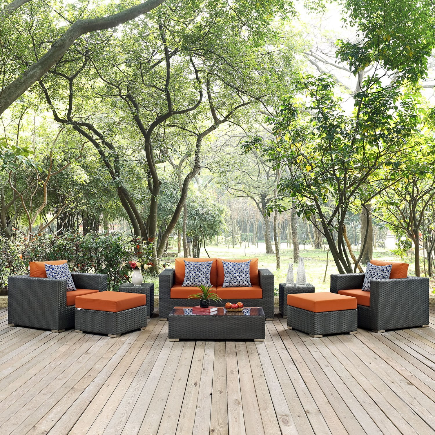 Lounge Sectional Sofa Table Set, Orange, Rattan, Wicker, Outdoor Patio Balcony Cafe Bistro Garden Hospitality Restaurant, Modern Contemporary HB33026