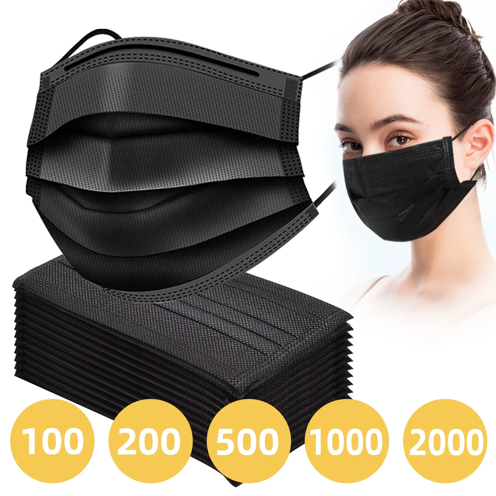 5000 Pack USA Made Disposable Face Masks Black, 3 Ply Breathable Protection Mask