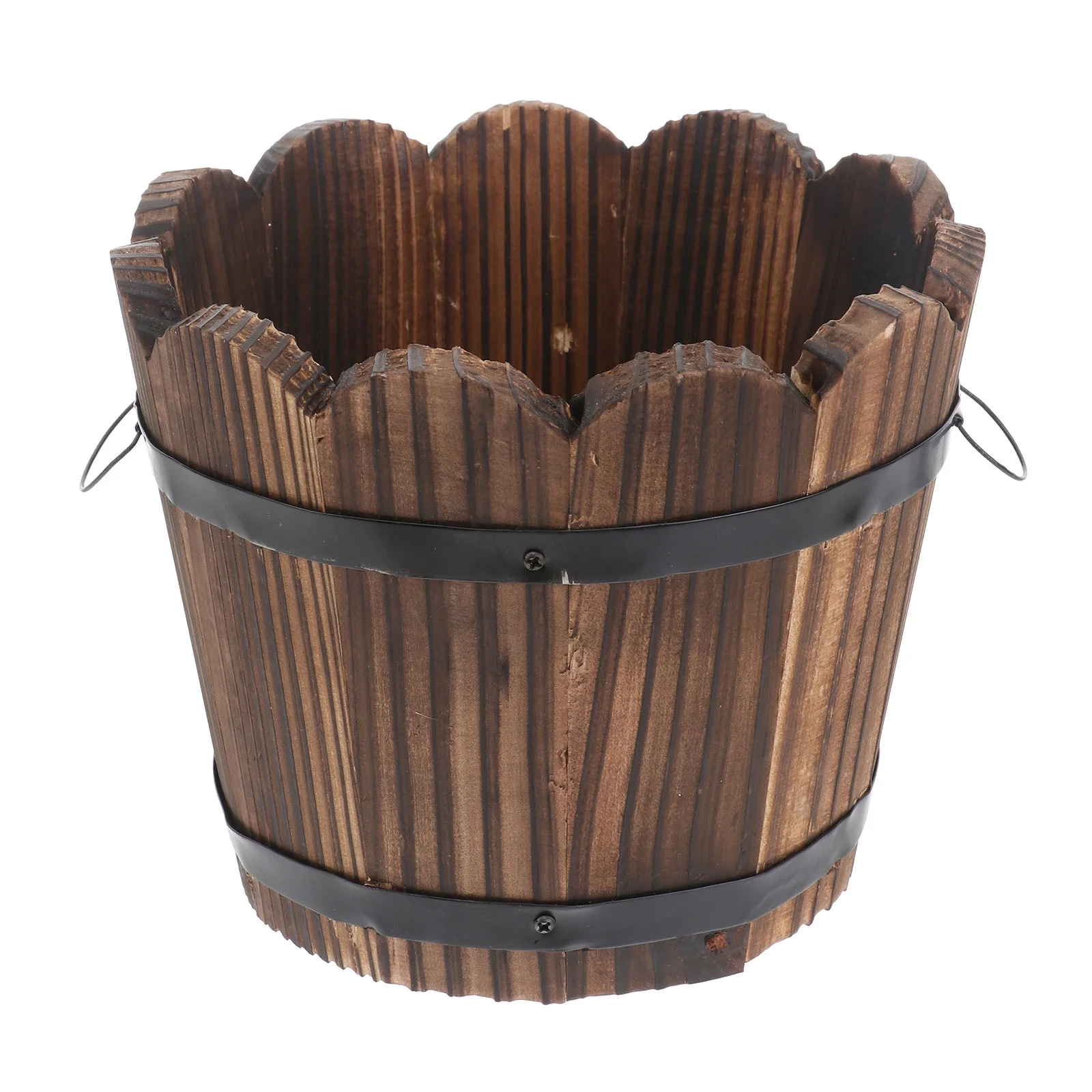 Hemoton Solid Wood Carbonized Fleshy Flower Pot Balcony Planting Preservative Flower Holder Home Decoration Retro Wooden Small Barrel Wave Mouth Middle Size (Brown)