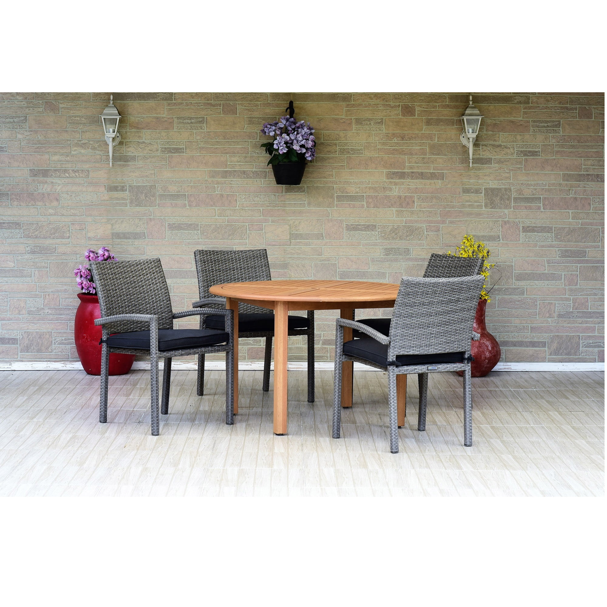 Outdoor Living and Style 5 Piece Gray, White, and Teak Brown Elegant Outdoor Patio Dining Set 3.75'