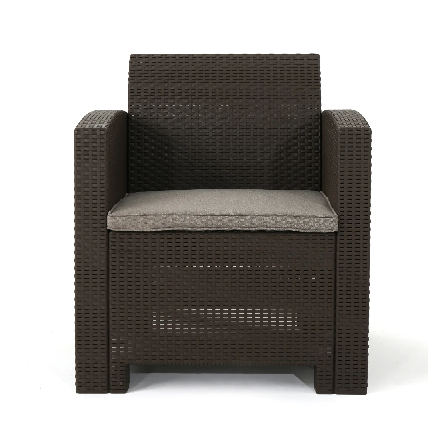 Comfortable Brown Faux Wicker Outdoor Club Chairs Featuring Stylish Mixed Beige Water Resistant Cushions  Ideal for Patio Seating and Relaxation