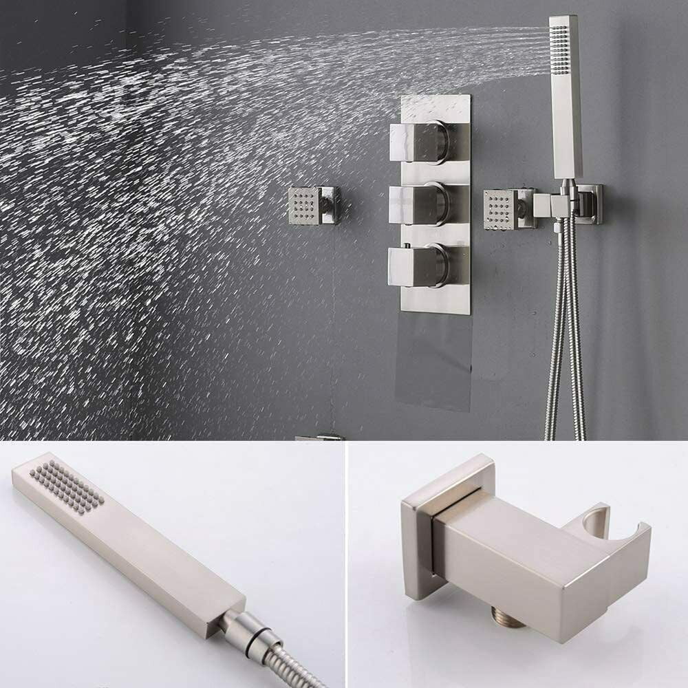 Zovajonia Shower System 12 Inches LED Thermostat Shower Faucet Set,   Rain Shower Head with Handheld Spray laundry jet system  Bathroom Wall Mount Shower Fixtures Brushed Nickel