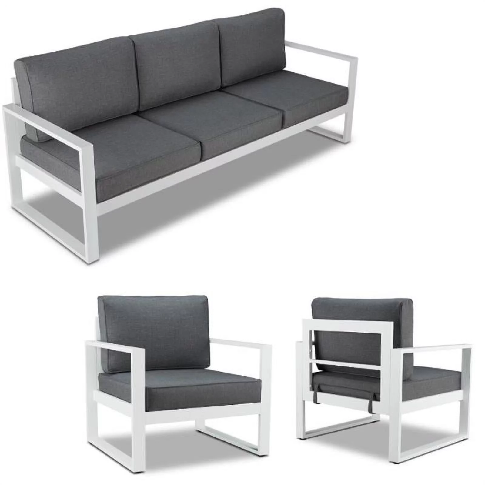 Home Square 3 Piece Patio Garden Set with Bench and 2 Patio Chairs in Gray/White