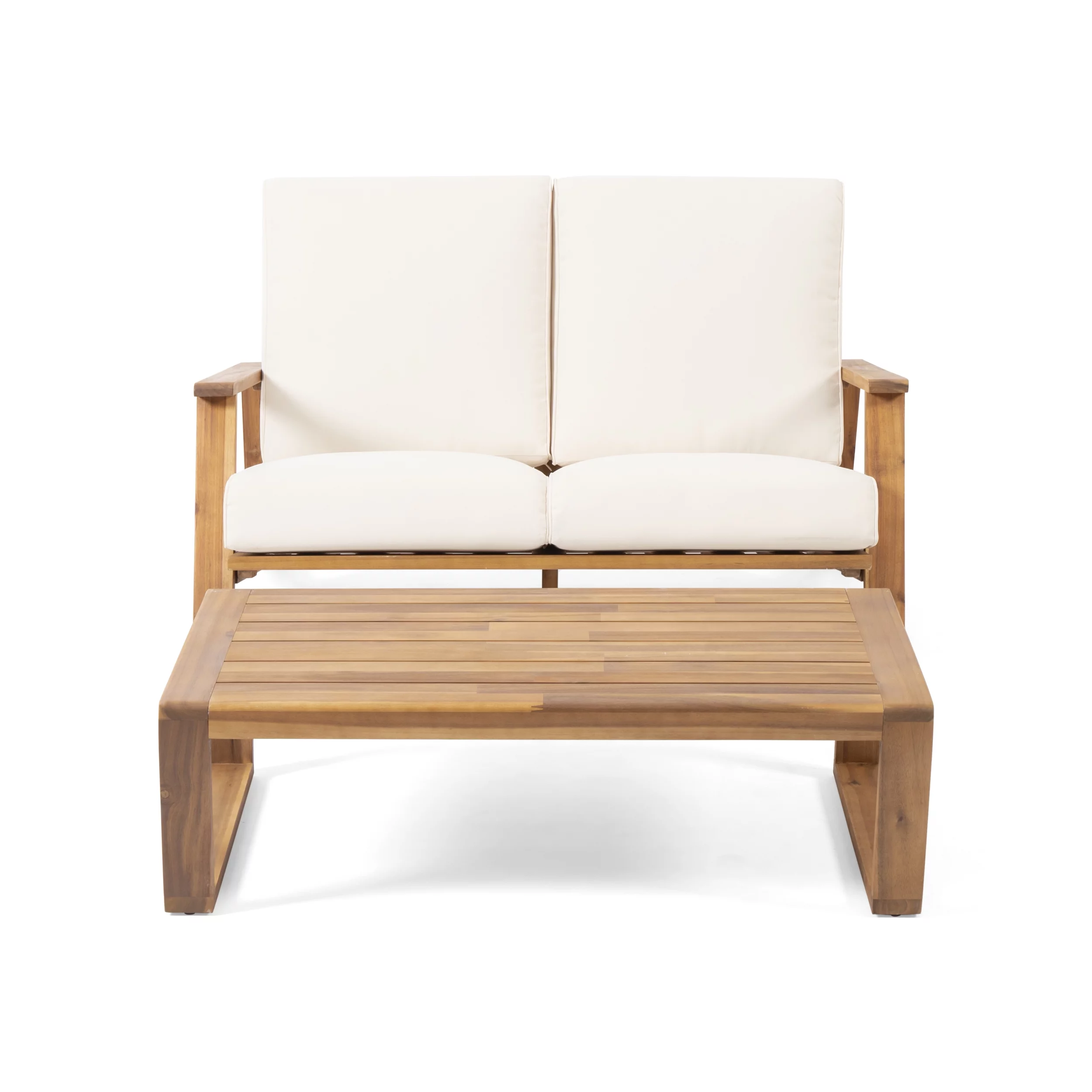 Reyna Outdoor Acacia Wood Loveseat Set with Coffee Table, Teak, Beige