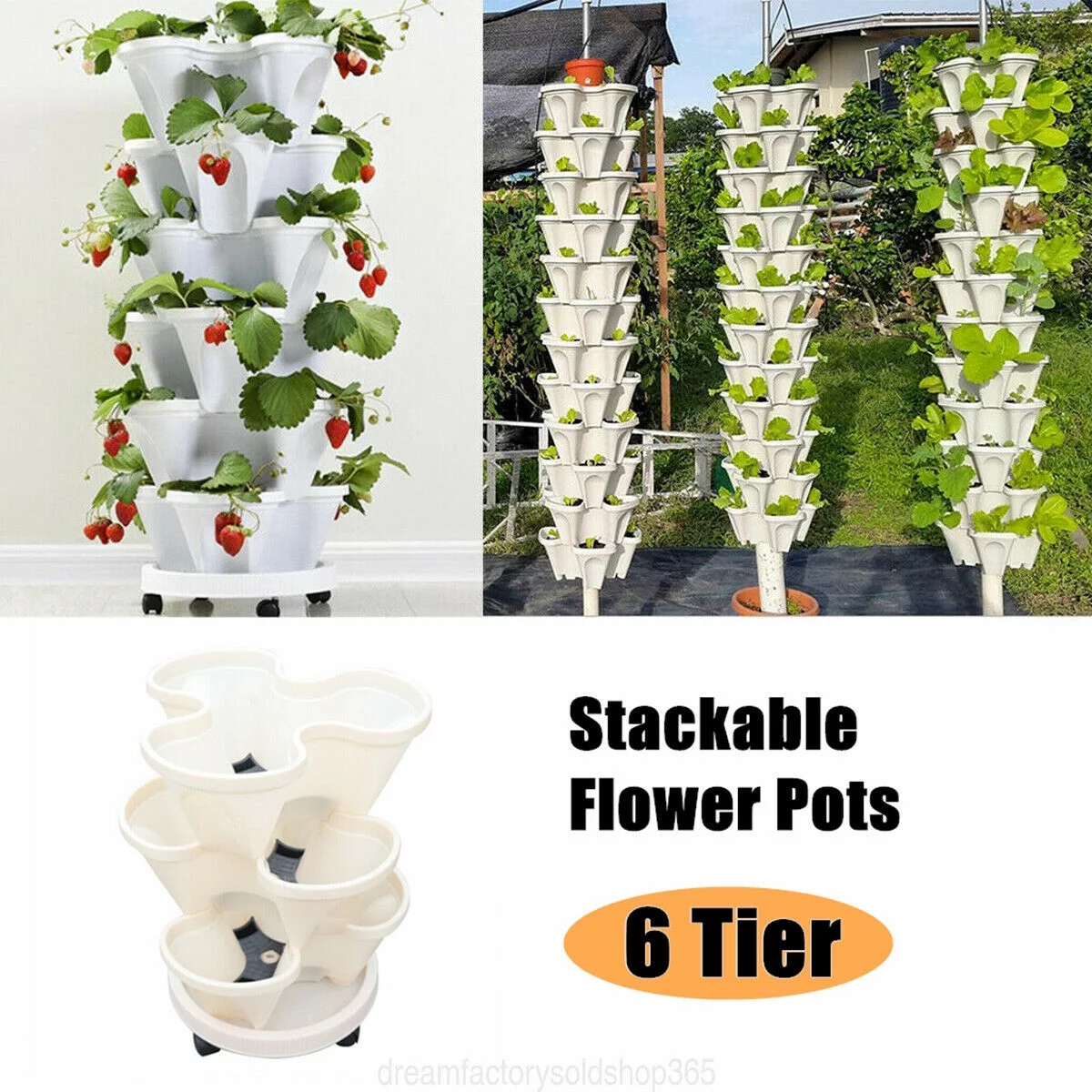Miumaeov 6 Tier Vertical Garden Tower Plastic Milky Fit Plant Flower Veg Pots Stack