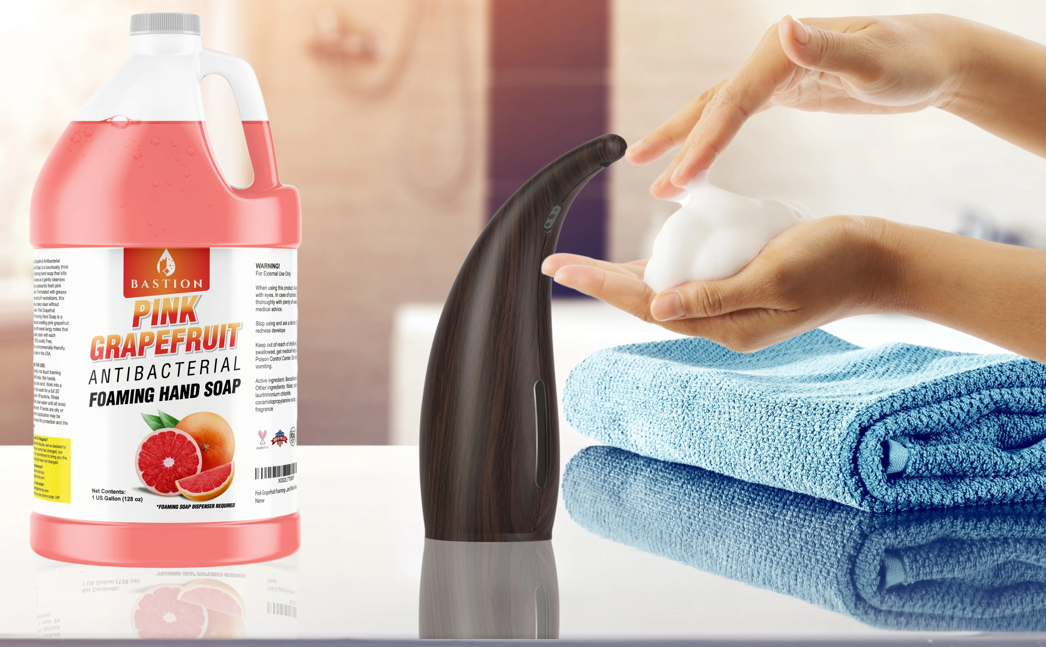 Bastion Pink Grapefruit Foaming Antibacterial Hand Soap Refill 1 Gallon (128 oz) Refreshing Pink Grapefruit Scent Bulk Hand Soap-Made In The USA.