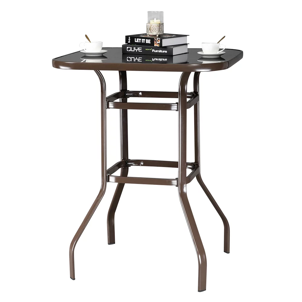 Wrought Iron Glass High Patio Bar Table Brown