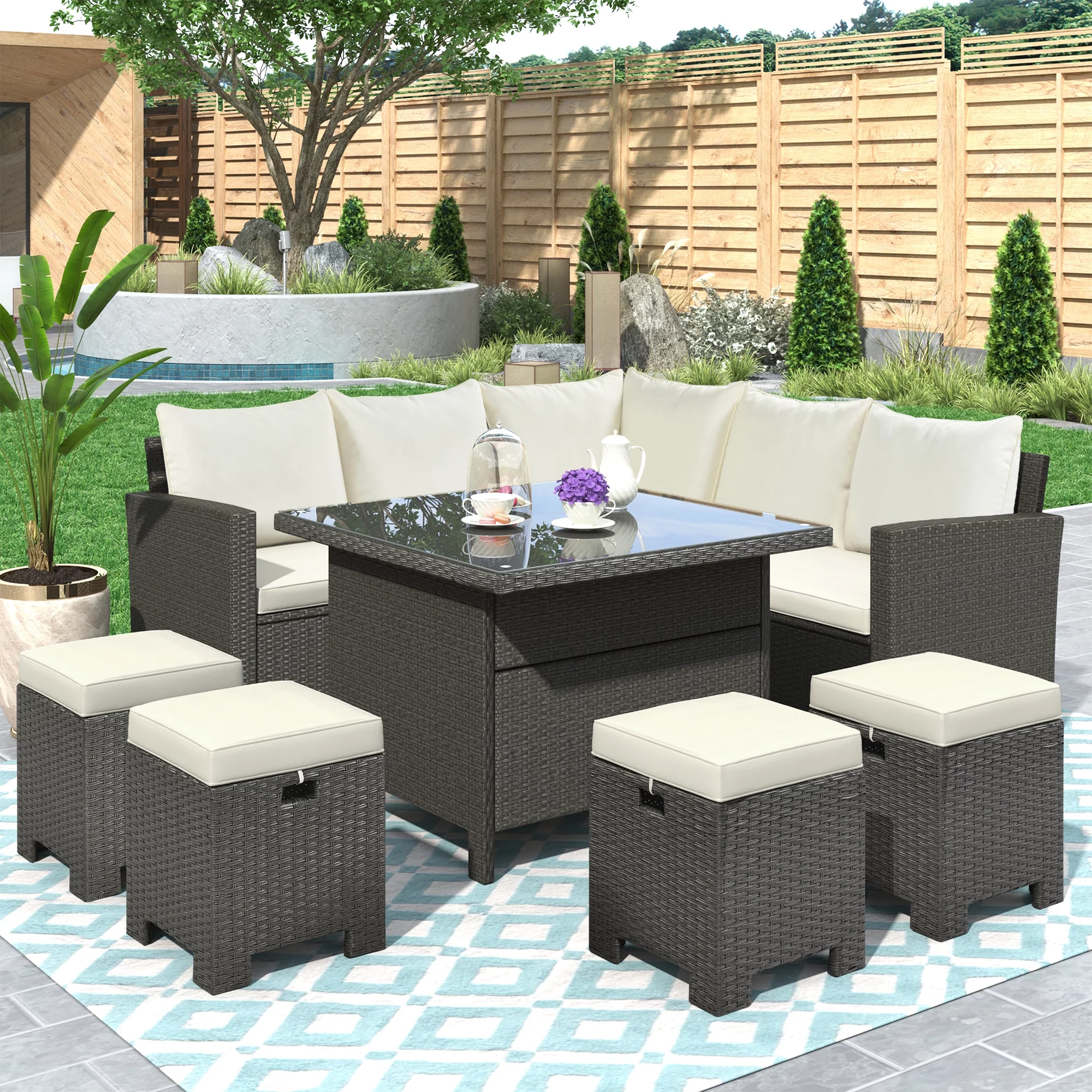 8 Piece Patio Outdoor Furniture Set Outdoor Conversation Set, Dining Table Chair with Ottoman, Cushions (Beige)