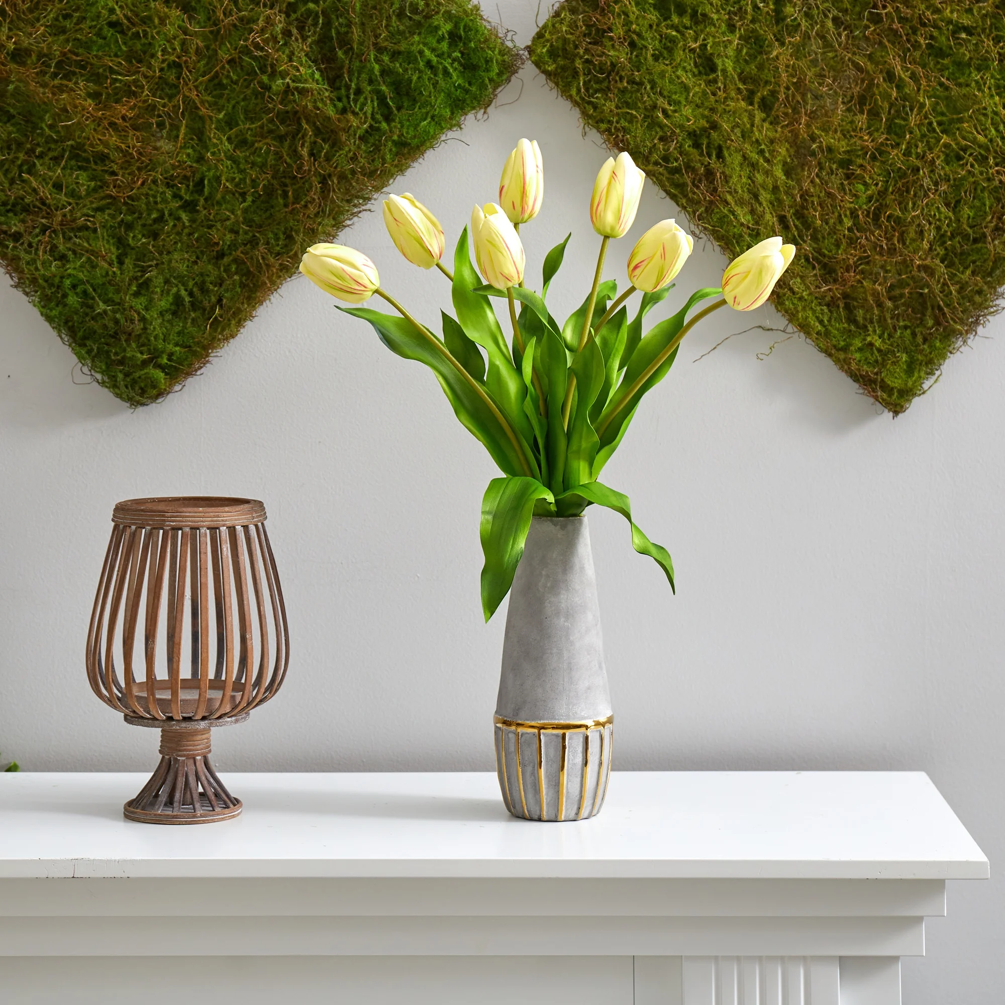 Nearly Natural 22in. Dutch Tulip Artificial Arrangement in Stoneware Vase with Gold Trimming