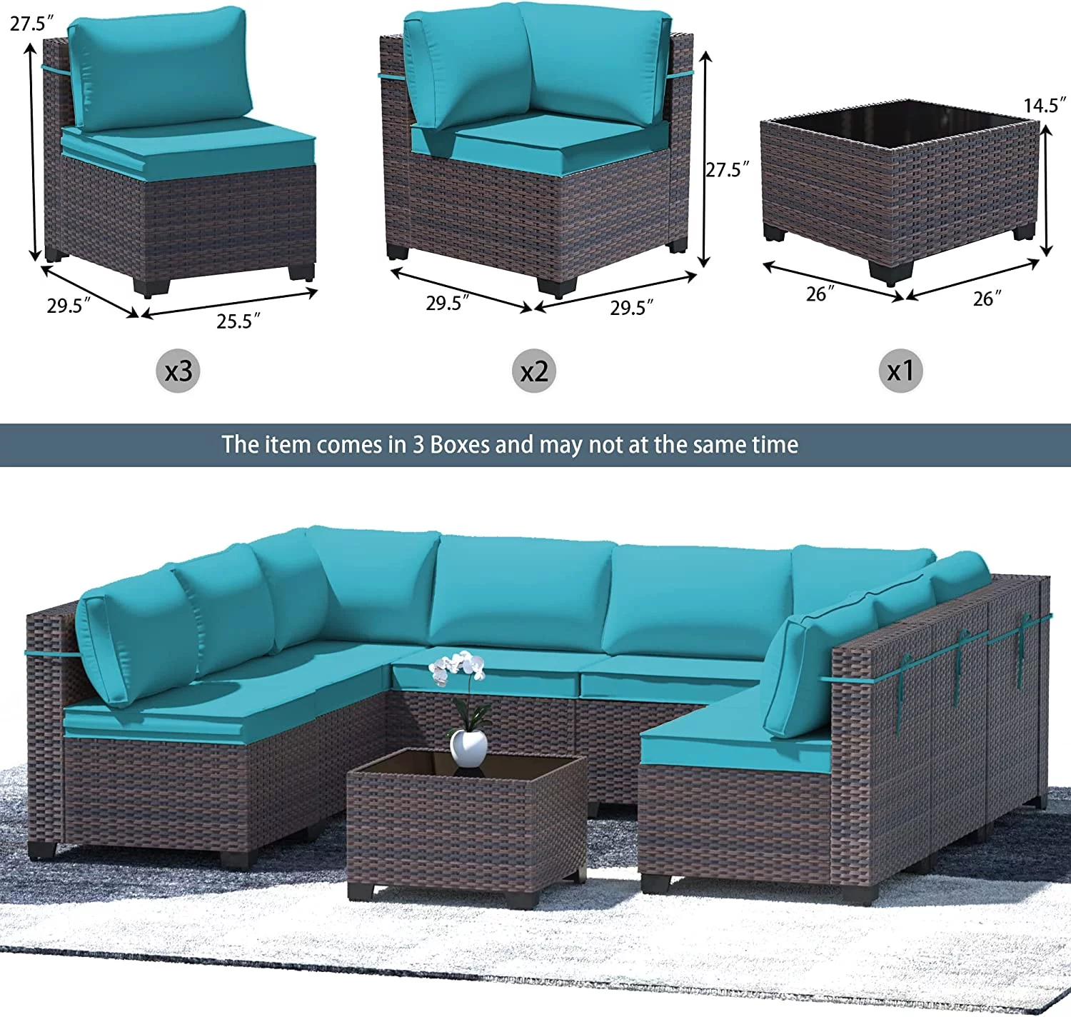 Outdoor Patio Furniture Set  12 Pieces Outdoor Furniture All Weather Patio Sectional Sofa PE Wicker Modular Conversation Sets with Coffee Table 10 Chairs & Seat Clips(Dark Blue)