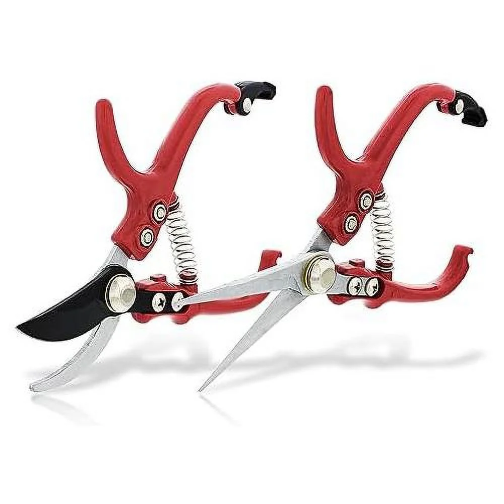 Garden Pruning Shears - 2Pc Straight And Curved Blade Gardening Hand Tools With Red Ergonomic Grip Handles