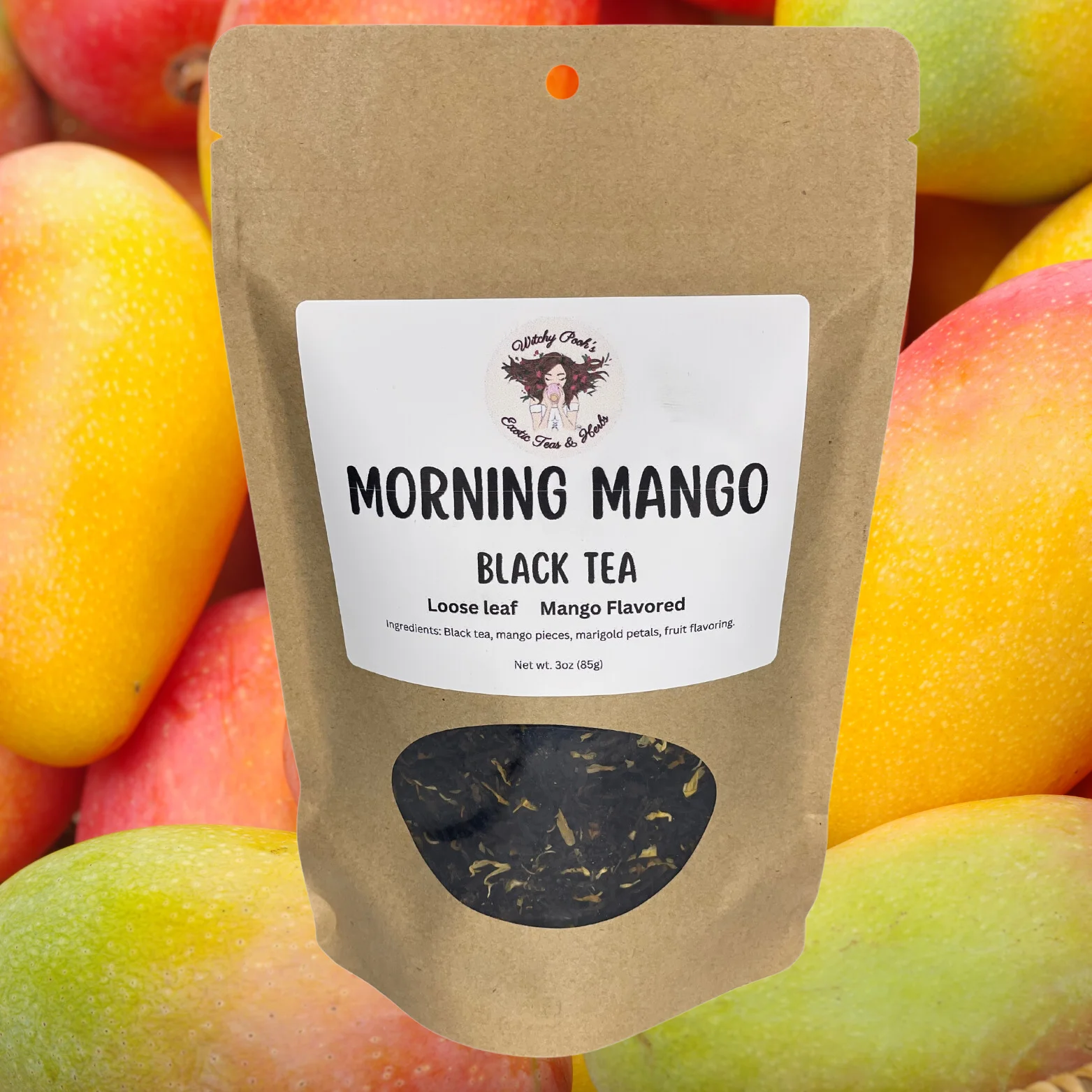 Witchy Pooh's Morning Mango Loose Leaf Mango Fruit Black Tea, 3oz Pouch