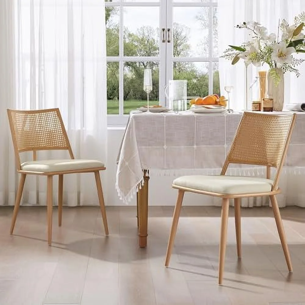 GFVCNIO Rattan Dining Chairs  Upholstered Linen Kitchen Chairs with Metal Frame and Rattan Backrest  Mid-Century Modern Dining Chairs for Dining Room and Living Room(Wood Color)