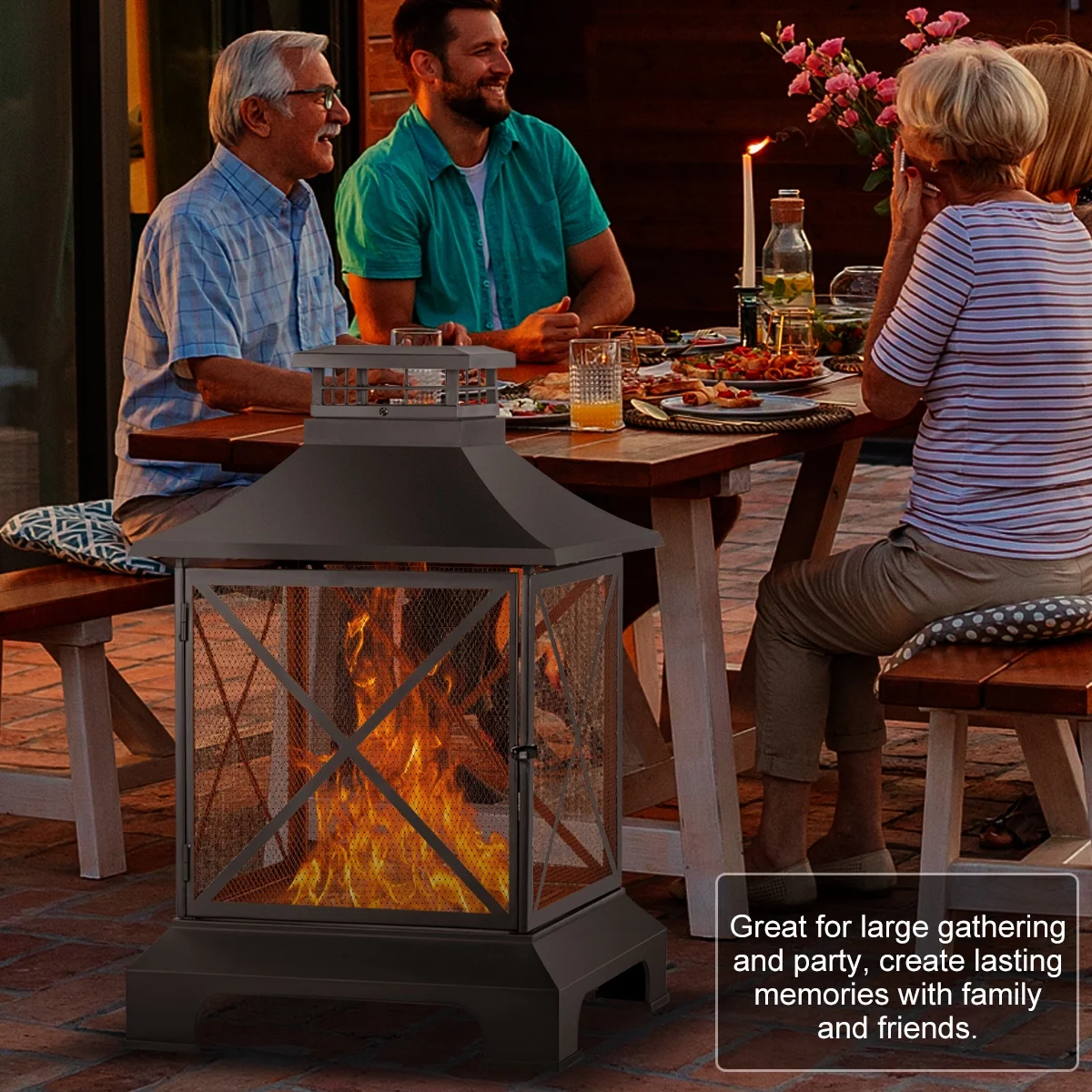 DremFaryoyo 24” Pagoda-Style Steel Wood-Burning Fire Pit with Log Grate and Poker - Black High-Temperature Paint Finish