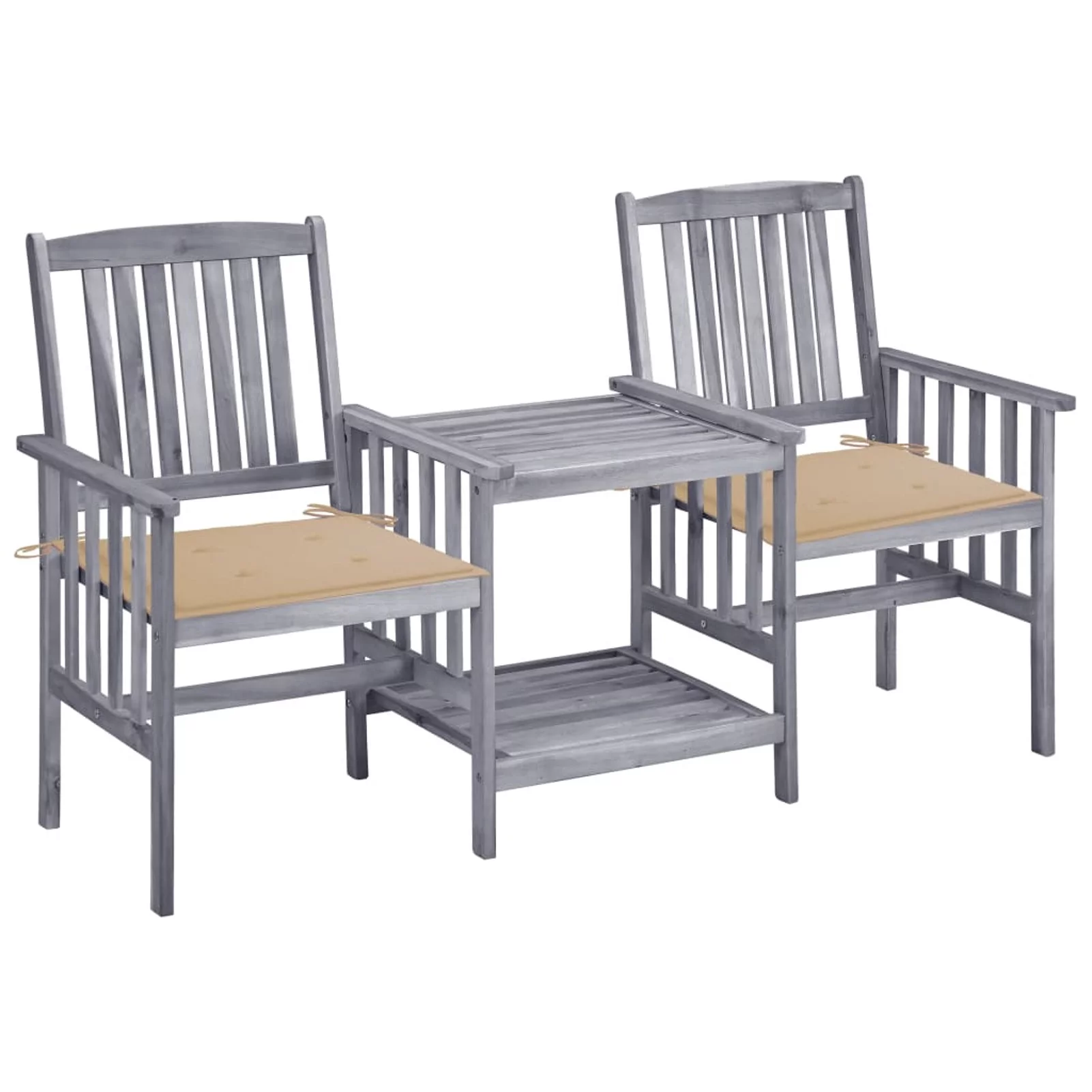 moobody Wooden Double Chairs with Cushion and Tea Table with Storage Shelf Gray Acacia Wood Bistro Set for Patio, Backyard, Balcony, Lawn,  62.6 x 24 x 36.2 Inches (L x W x H)