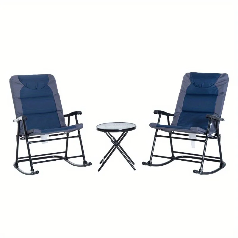 Zateety 3 Piece Outdoor Patio Furniture Set with Glass Coffee Table & 2 Folding Padded Rocking Chairs, Bistro Style for Porch, Camping, Balcony, Navy Blue