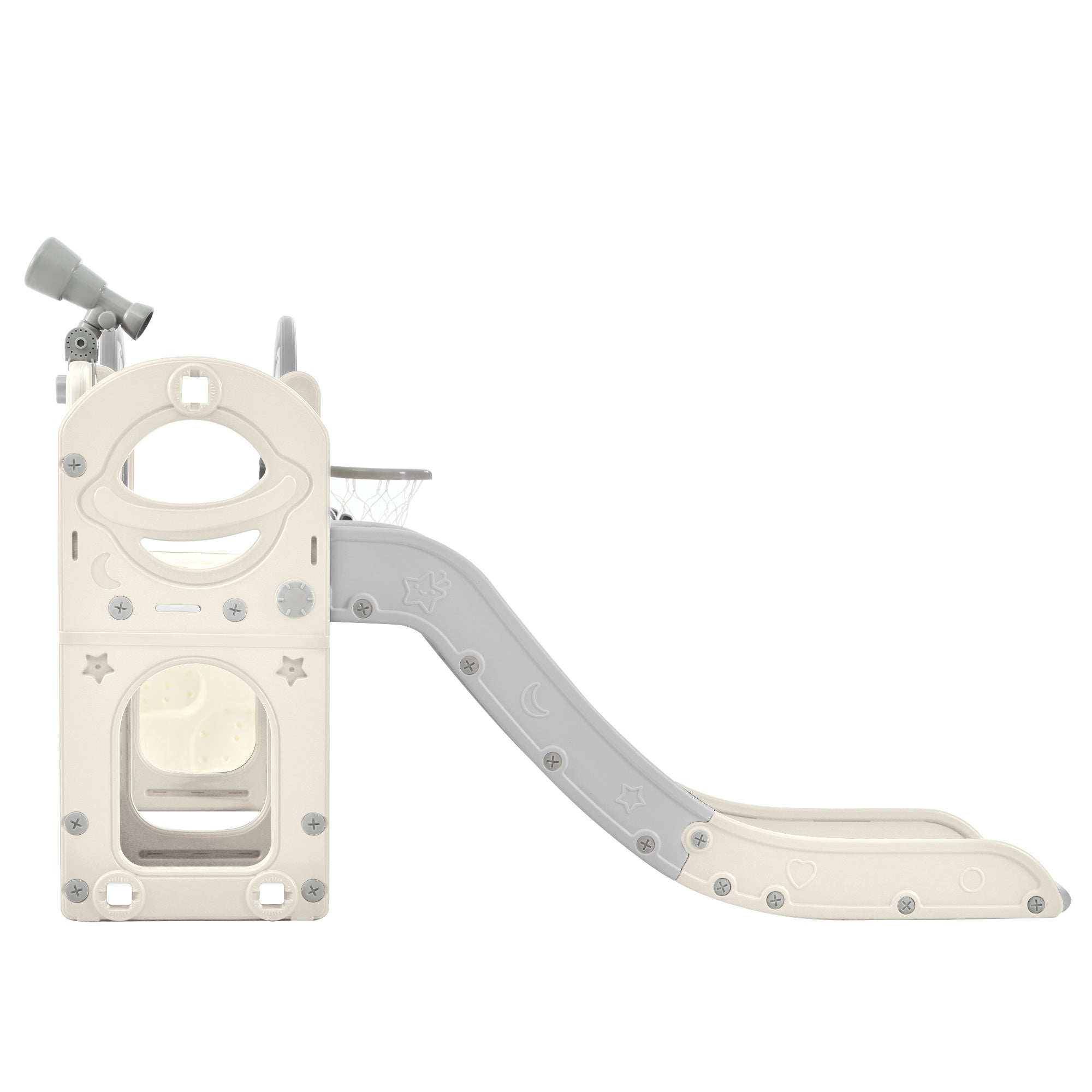 Kids Slide Playset Structure 7 in 1, Freestanding Spaceship Set with Slide, Arch Tunnel, Ring Toss and Basketball Hoop