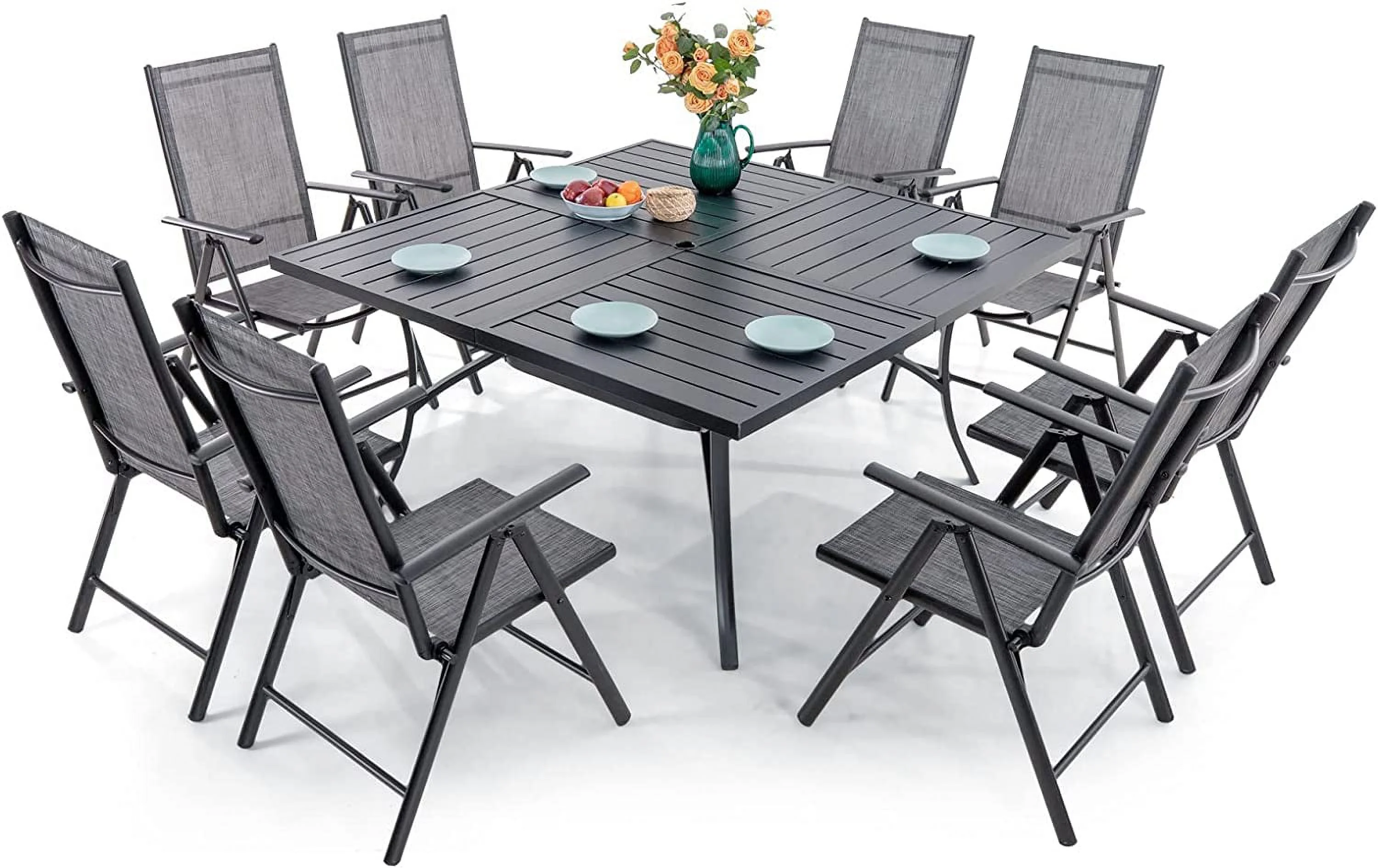 & William 9 Pieces Patio Dining Set for 8  Outdoor Furniture with 1 X-Large E-Coating Square Metal Table and 8 Black Portable Folding Sling Chairs  Outdoor Table & Chairs for Porc