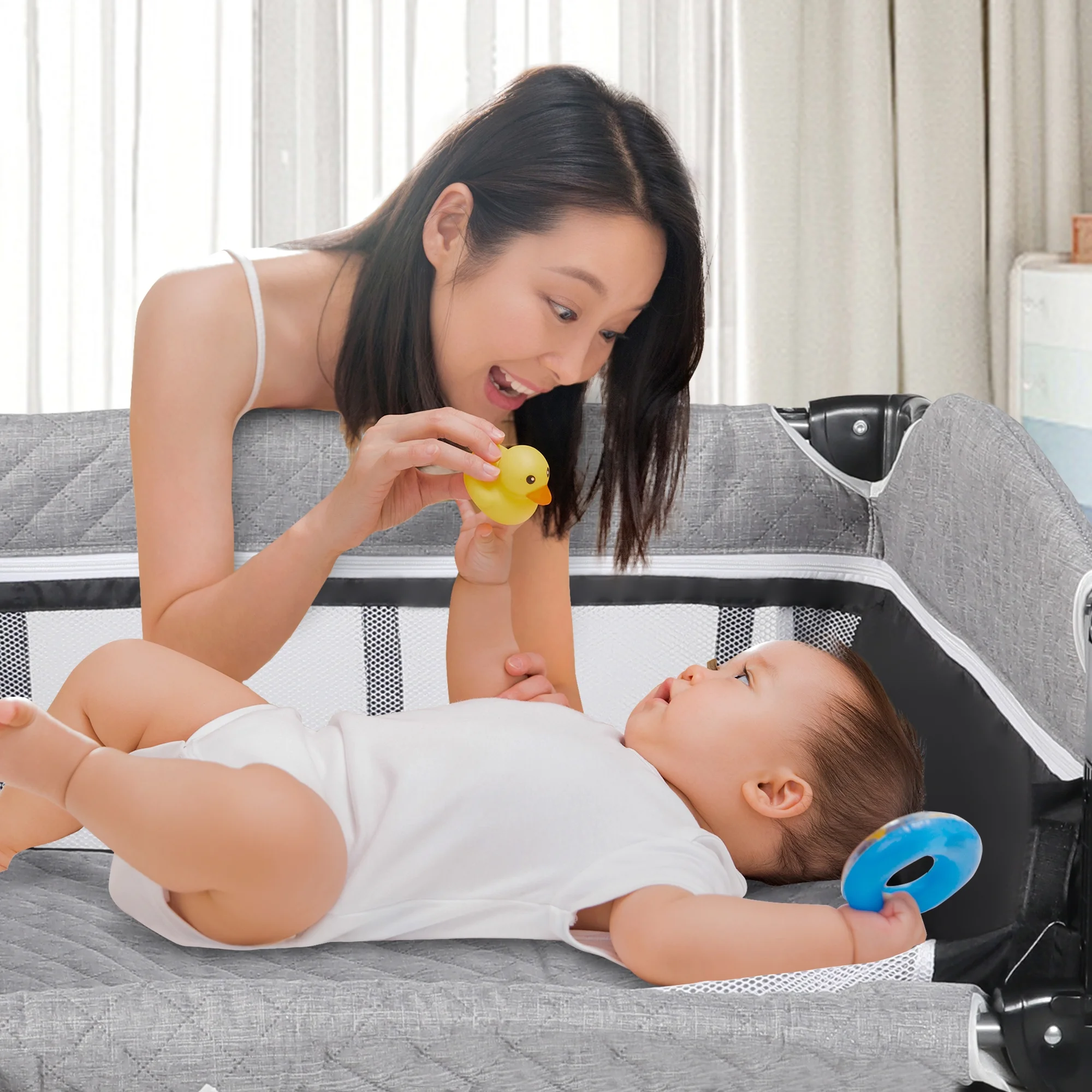 AILEEKISS Unisex Nursery Center, 4 in 1 Foldable Baby Playard with Bassinet & Changing Table for Newborn