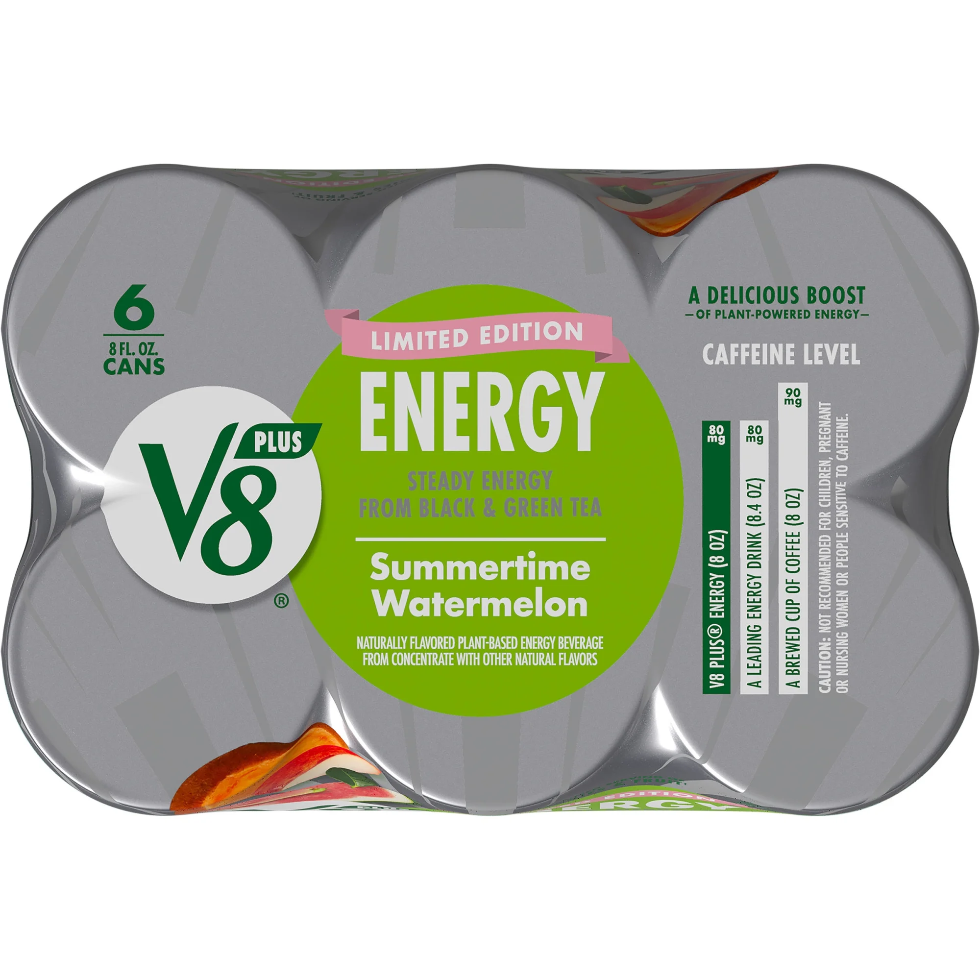 V8 +Energy Limited Edition Summertime Watermelon Juice Energy Drink, 8 fl oz Can, 6 Count
