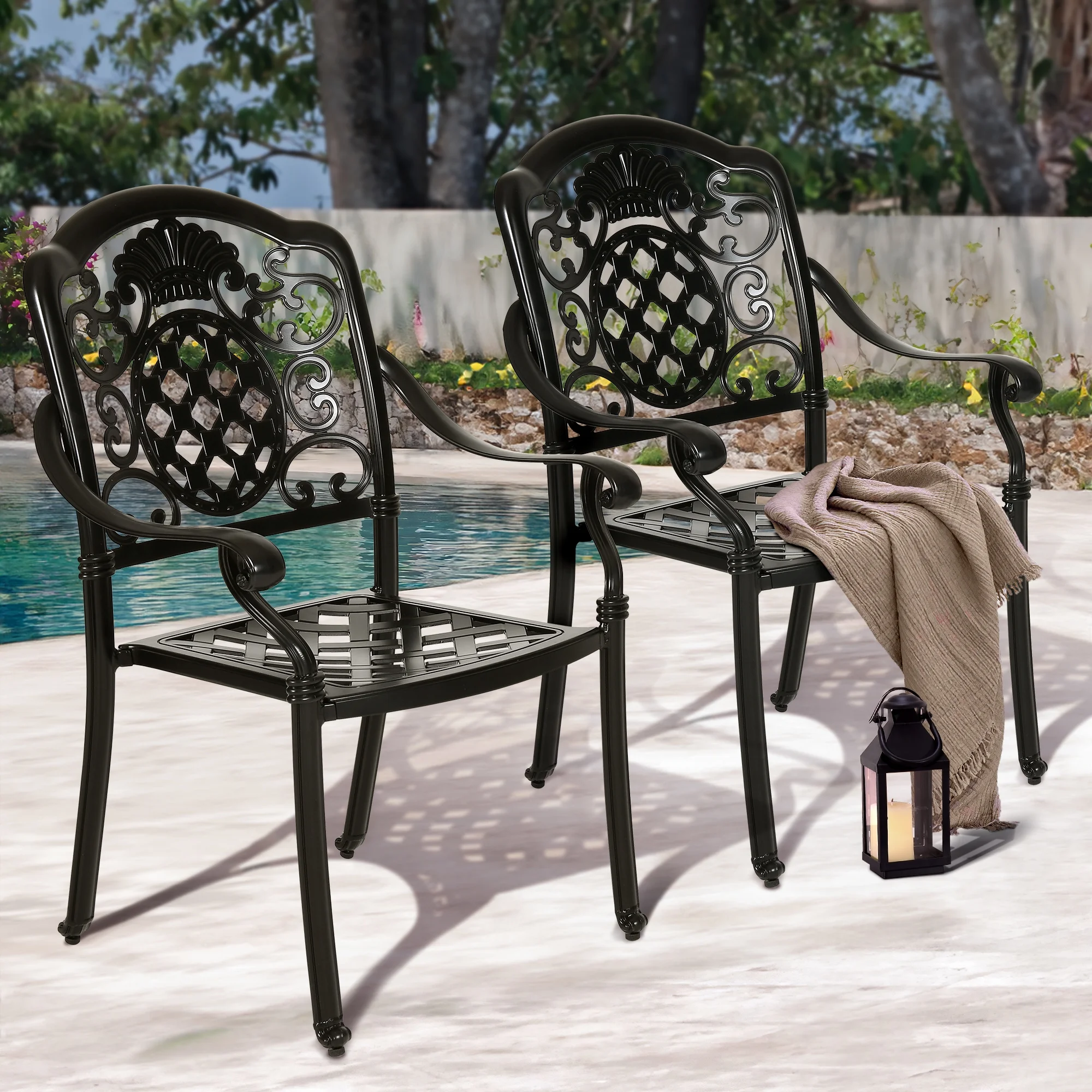 DWVO Set of 2 Cast Aluminum Dining Chairs Durable Solid Construction W/Armrest - Black