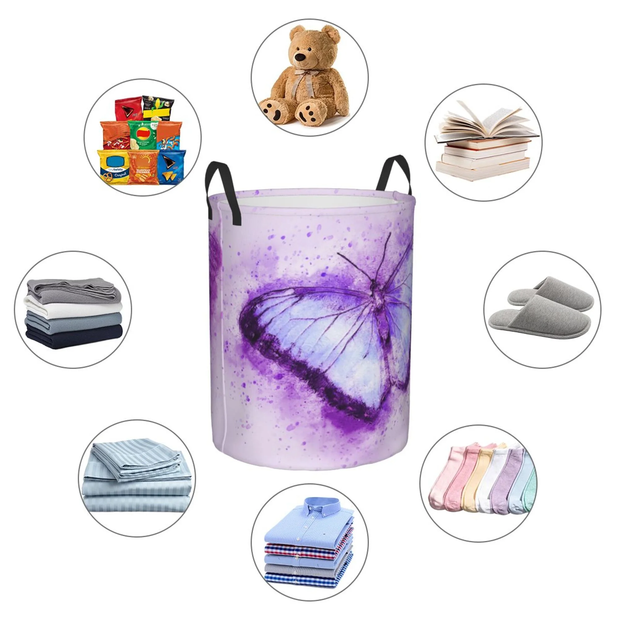 DouZhe Waterproof Collapsible Large Laundry Baskets, Butterfly Insect Flying Art Prints Circular Hamper with Handles