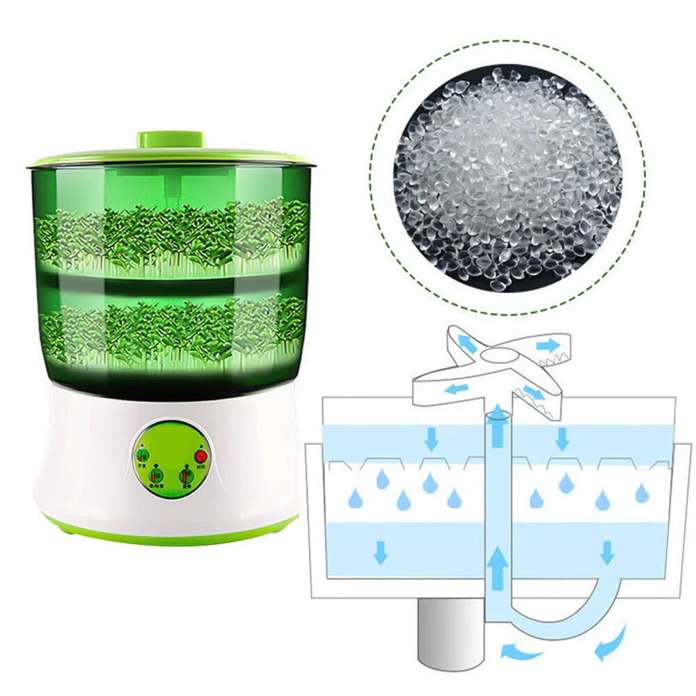 Bean Sprouts Machine Automatic Sprouts Growing Kit 2 Layers, Auto Household Bean Seed Cereal Sprouts Machine 360° Sprinkler, 3 Seasons Modes for Radish Wheatgrass Broccoli Sprouts 110V
