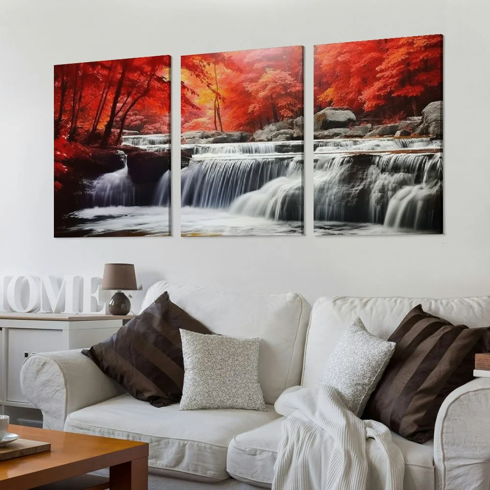 COMIO Canvas Wall Art Framed Prints Art Red Waterfall Wall Art Decor Landscape Picture Print on Canvas Modern Large Artwork Ready to Hang for Living Room Bedroom Wall Decoration 12''x16''X3 Panels