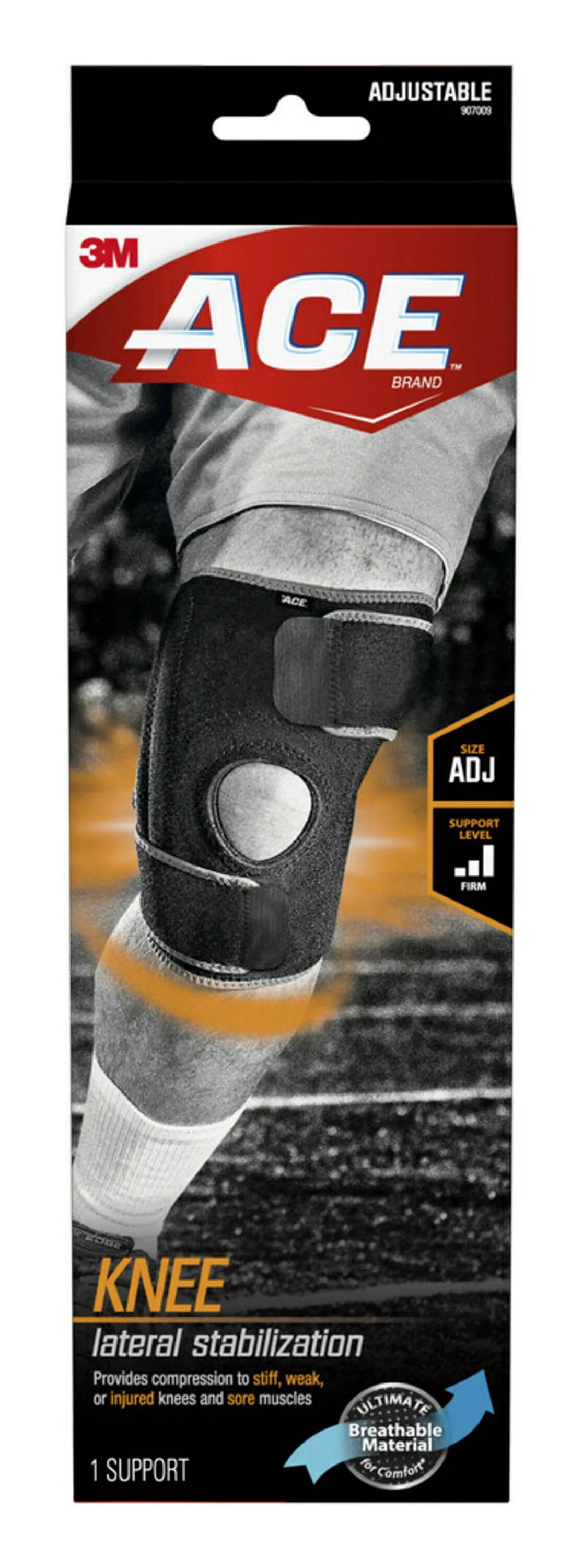 ACE Adjustable Knee Support with Side Stabilizers, Provides Extra Stability, Breathable, Black, 1/pack
