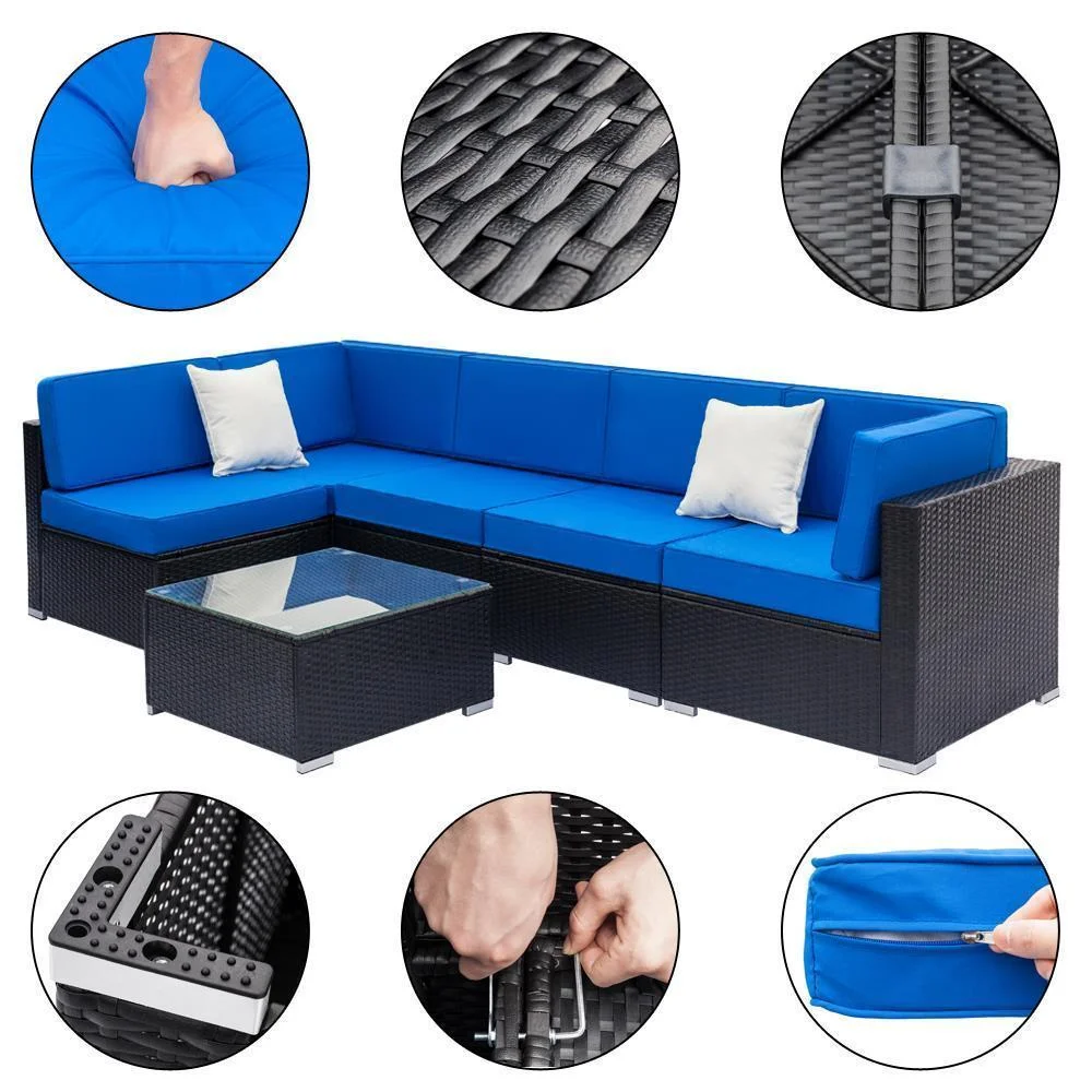 7 Pieces All Weather Patio Rattan Furniture Wicker Royal Blue Cushioned Sofa Set