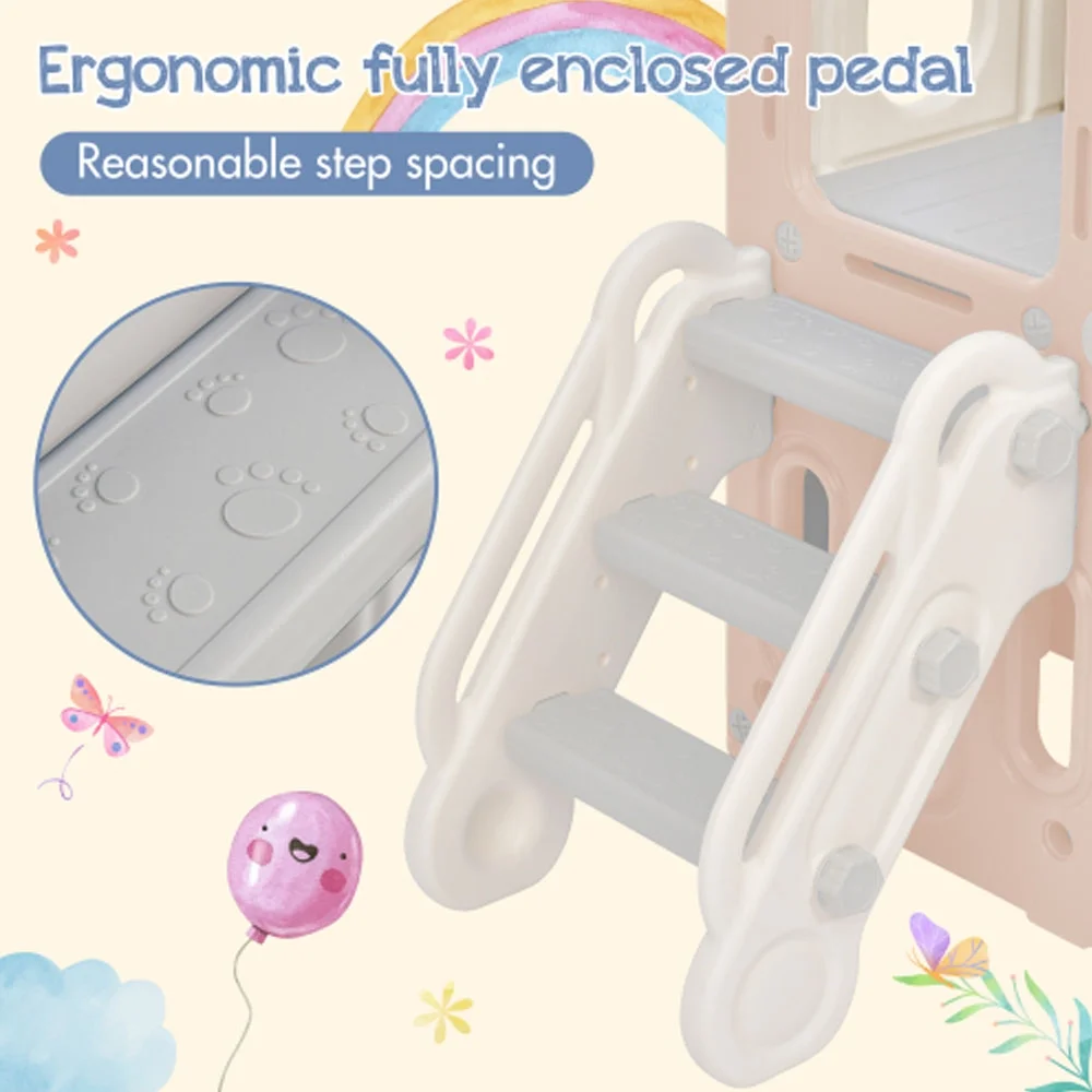 Slide and Swing Set 5 in 1, Playground Climber Slide Playset with Basketball Hoop Freestanding Combination - Pink