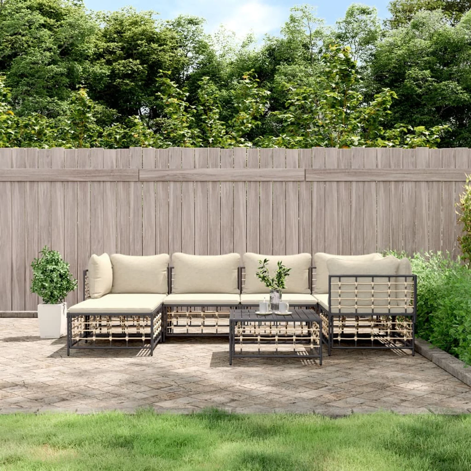 Dcenta 7 Piece Patio Set with Cushions Anthracite Poly Rattan