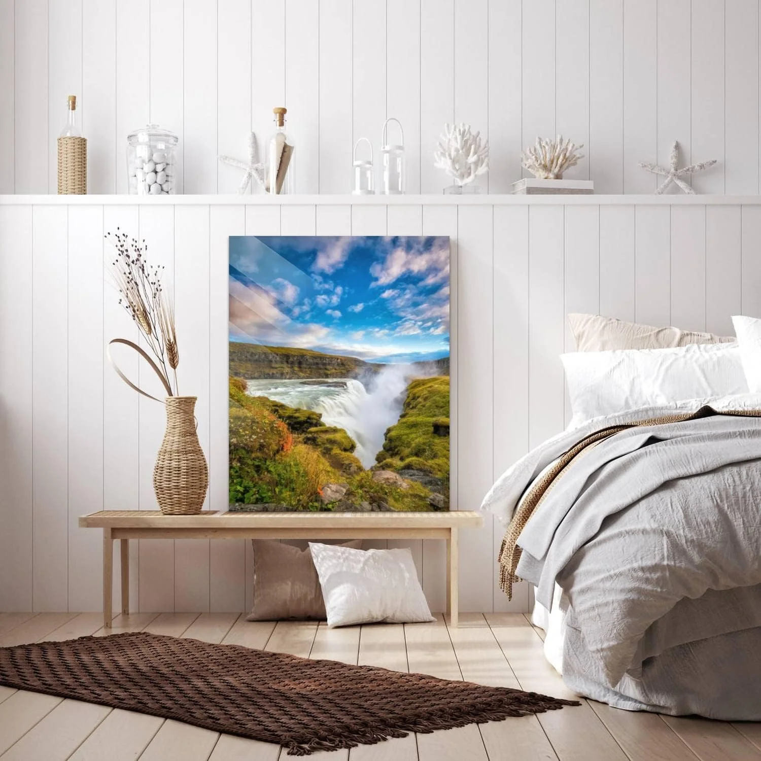 HelloGlass Tempered Glass Wall Art Decor Beautiful and famous Gullfoss waterfall in Iceland Prints On Glass Paingting Picture Modern Artworks For Living Room Bedroom Office 12x8inch