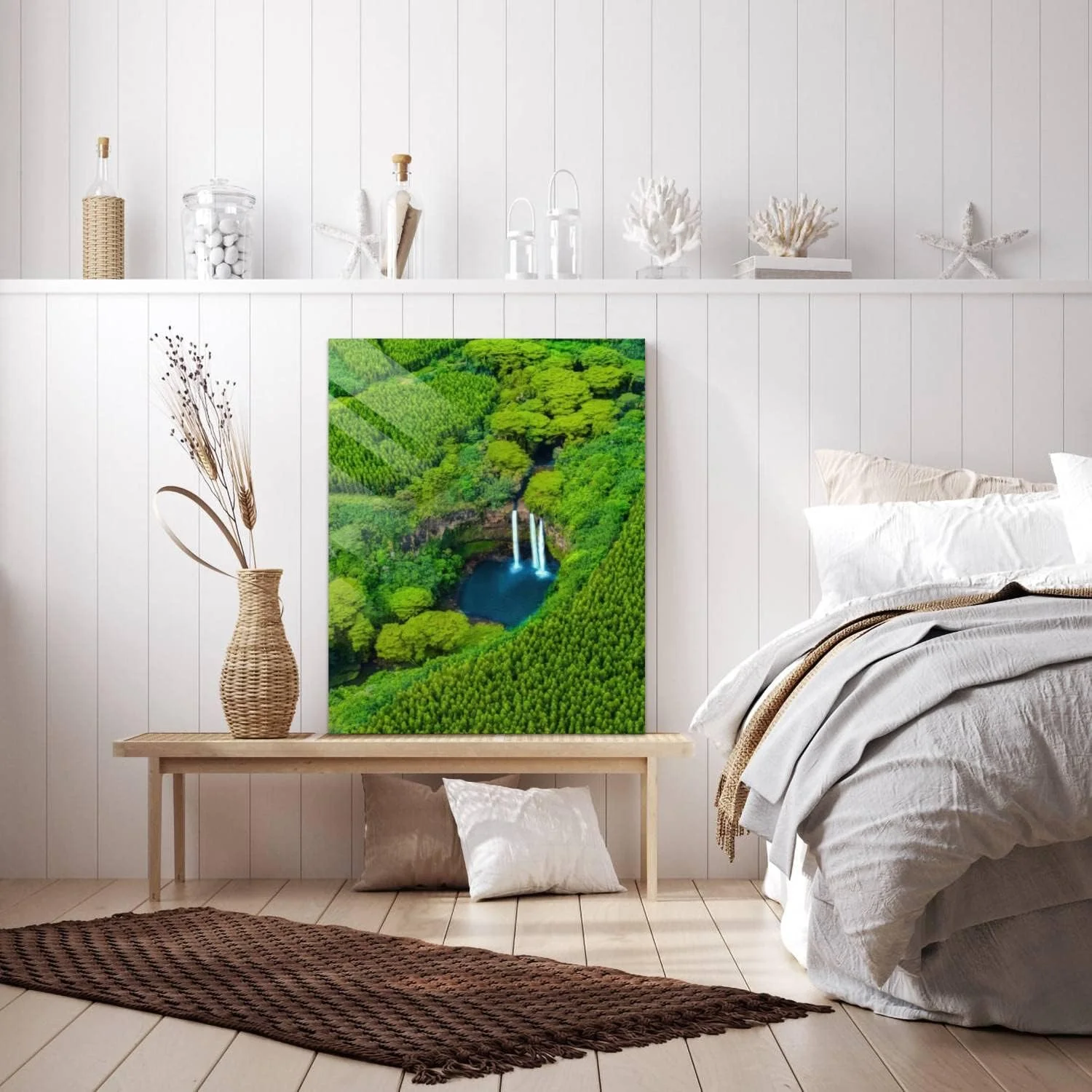 HelloGlass Tempered Glass Wall Art Decor Aerial view of Wailua Waterfalls in Hawai Prints On Glass Paingting Picture Modern Artworks For Living Room Bedroom Office 12x8inch
