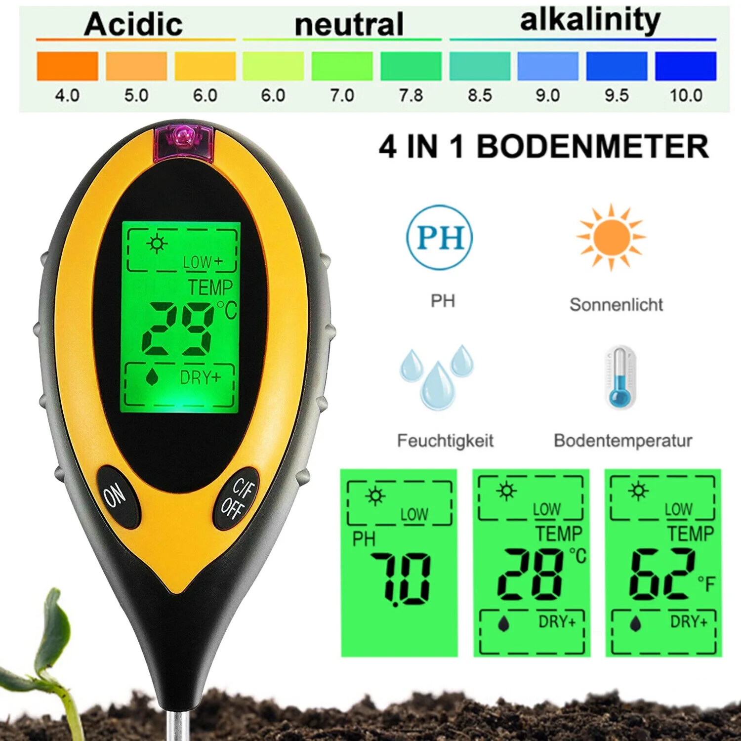 4 in 1 PH Tester Soil Water Moisture Light Test Meter for Garden Plant Seeding
