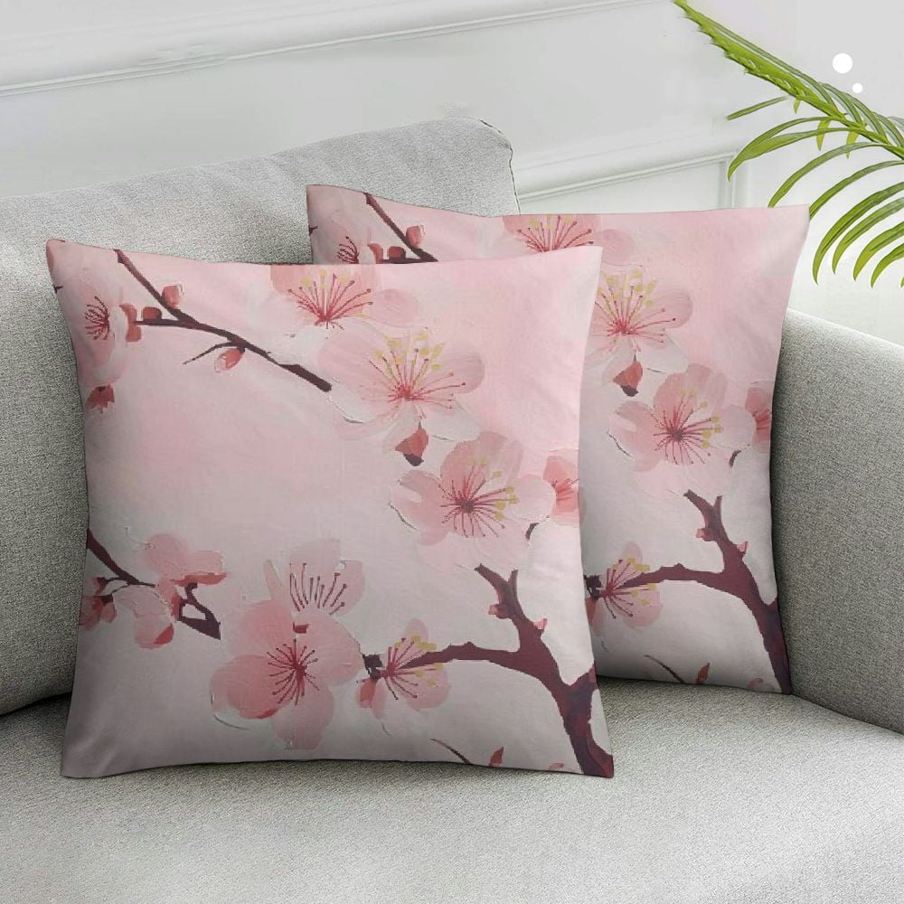 Acheng Spring Pillows Decorative Throw Pillow Covers Set of 2, Pink Chinese Cherry Blossom Flower Japan Plum Branch Double Sided Square Pillow Cases Pillowcase Sofa Cushion White