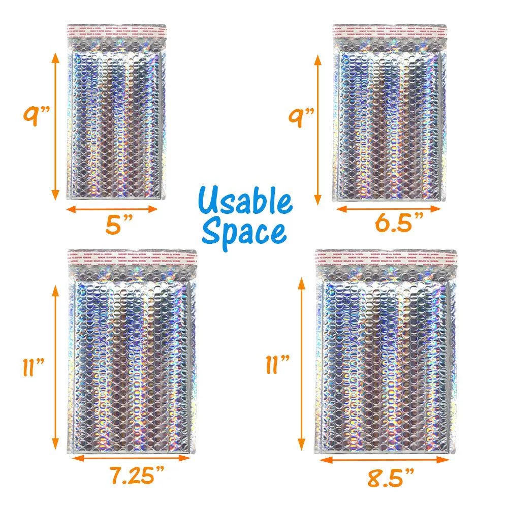 Holographic Metallic Bubble Mailers Padded Shipping Quality Sturdy Strong Mailing Envelopes, Weather Resistant