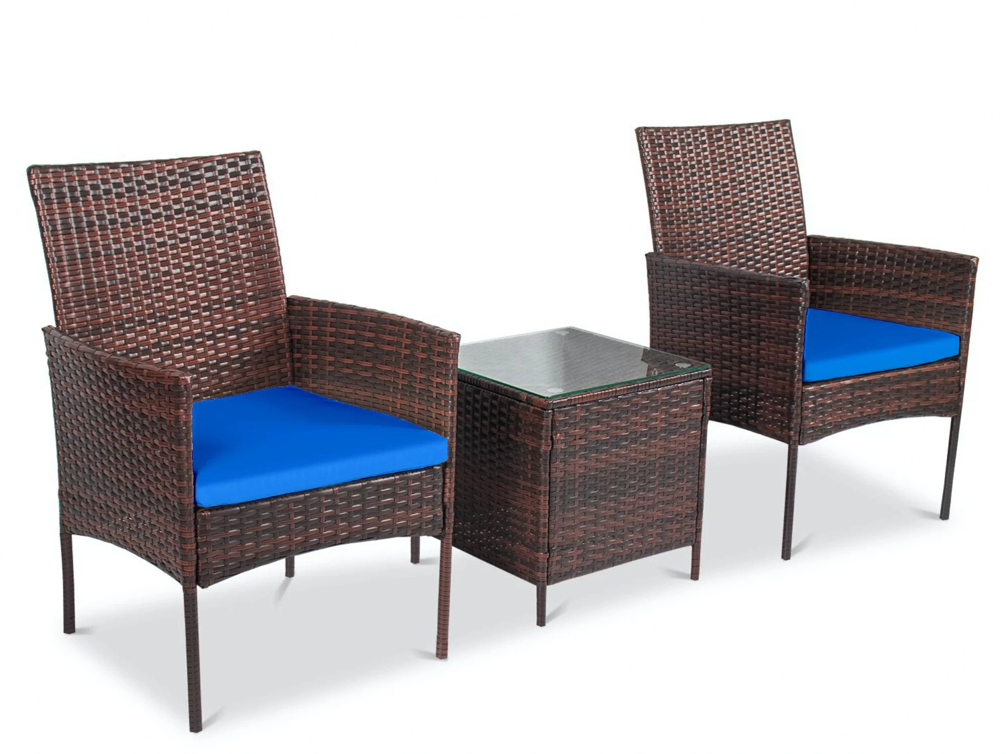 Calla 3 Piece Rattan Bistro Patio Furniture Set – A Solid Squire Tea Table With 2 Comfortable Sitting Chairs - Dark Blue