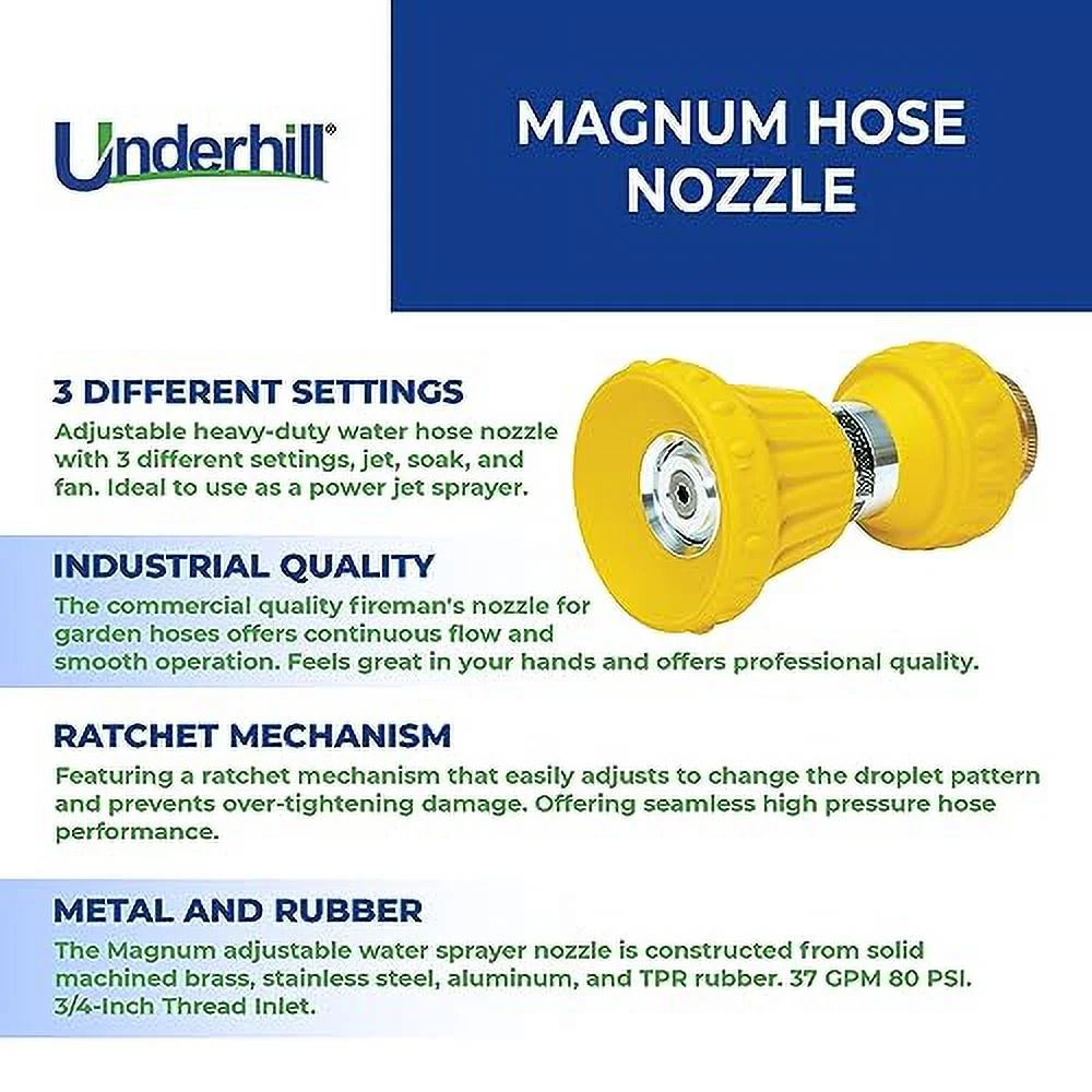 Underhill Garden Water Hose Nozzle, Sprayer, 37 GPM 80 PSI, 3/4-Inch Thread Inlet, Jet, Soak, Fan, Attachment, Heavy-Duty Metal and Rubber, Adjustable, Magnum, NG450
