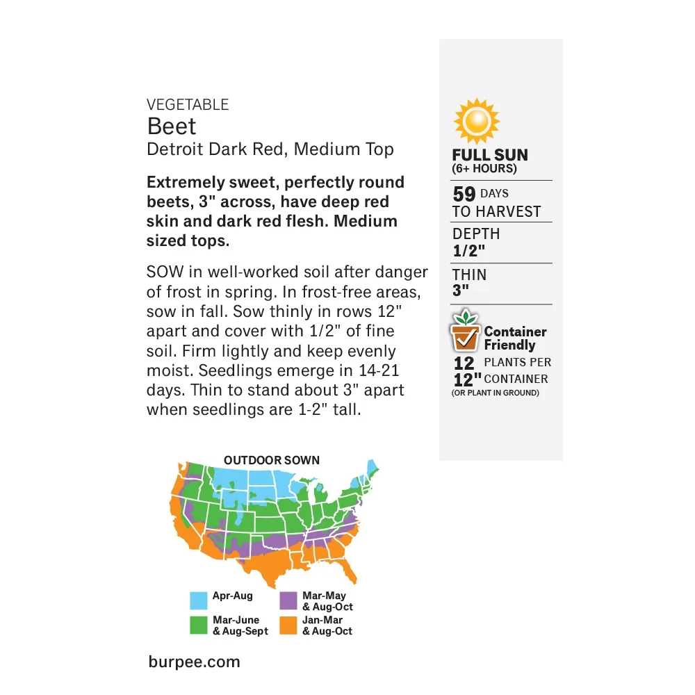 Burpee Medium Top Detroit Dark Red Beet Seeds - Non-GMO, Easy to Grow, Vegetable Gardening Seeds, 5.5g, 1-Pack