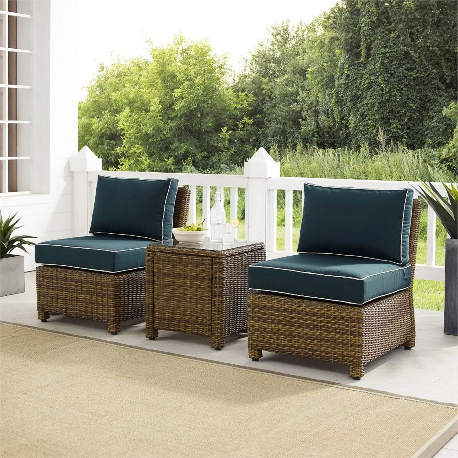 Afuera Living 3-Piece Wicker / Rattan & Fabric Outdoor Chair Set in Navy/Brown