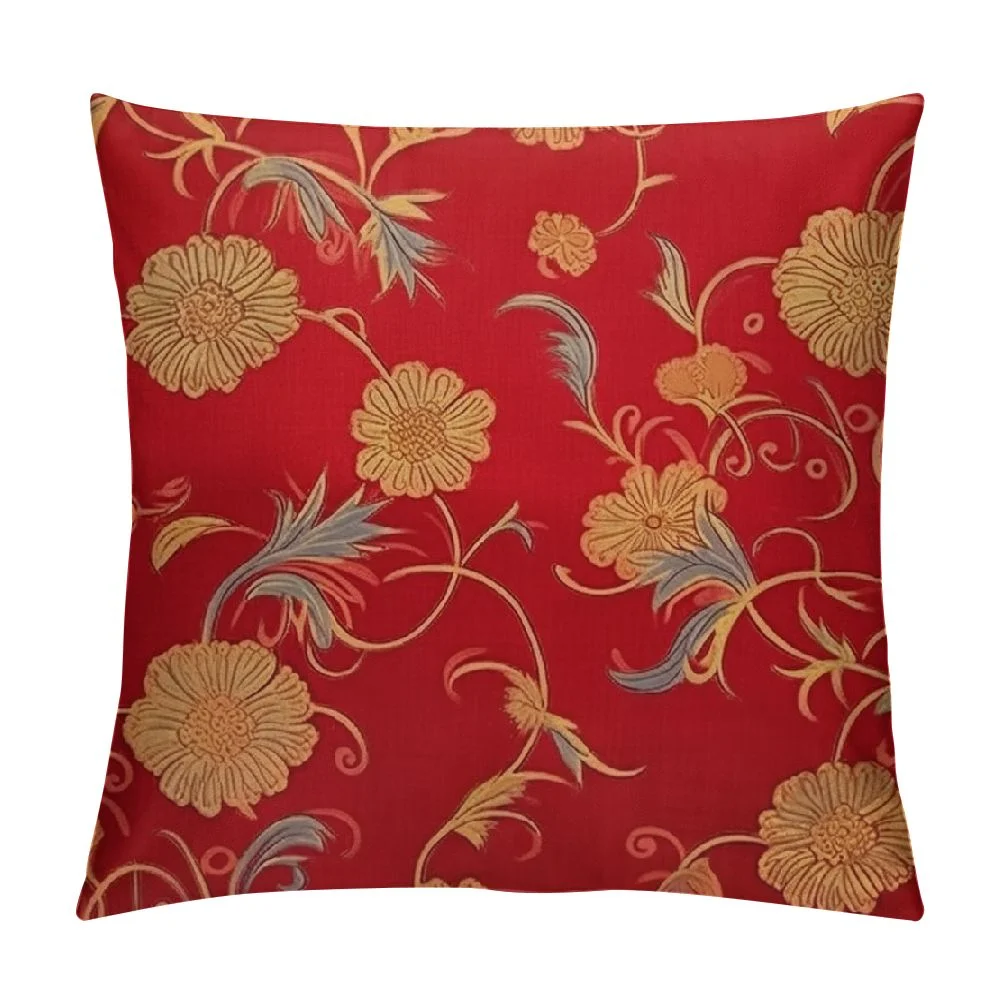 Wuche Throw Pillows Cover  Red Pattern Oriental Chinese New Year Cherry Blossom Holidays Flower Floral Plum Dragon Traditional Cushion Case  for Fall Home Decor White