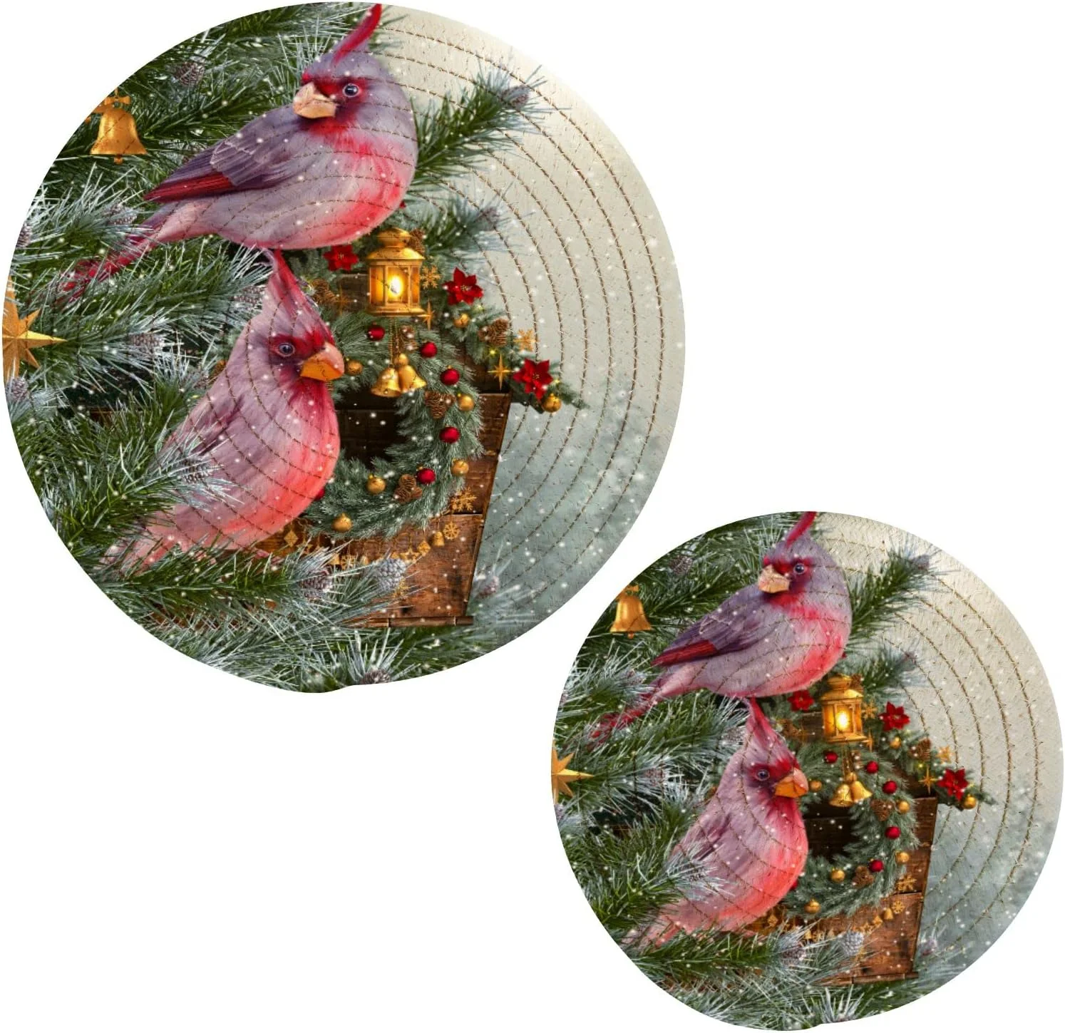 SKYSONIC 2 pcs Christmas Winter Cardinal Pot Holders Trivets, Heat Resistant Trivets,New Year Branch Spruce Cotton Thread Weave Mats for Hot Pads Pans Pot Bowl Teapot