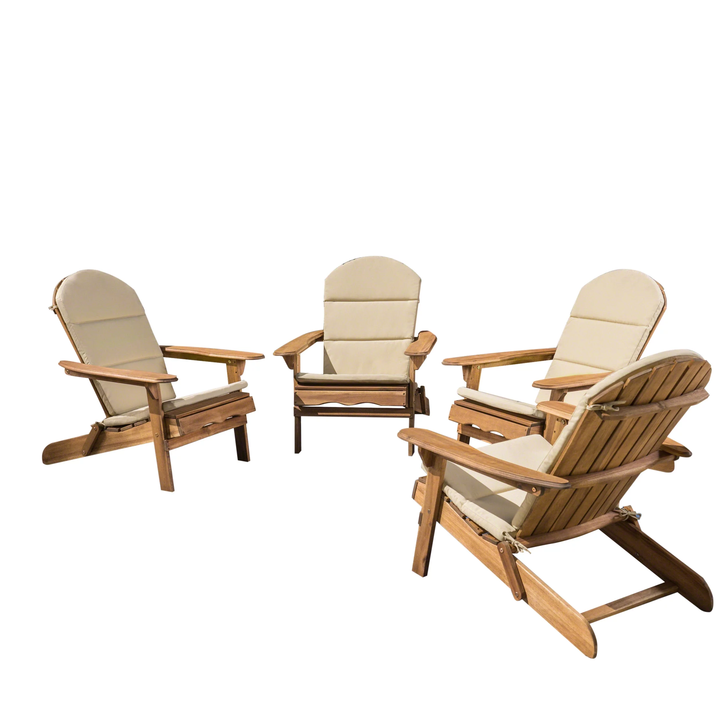 GDF Studio Cartagena Outdoor Acacia Wood Folding Adirondack Chairs with Cushions, Set of 4, Natural and Khaki