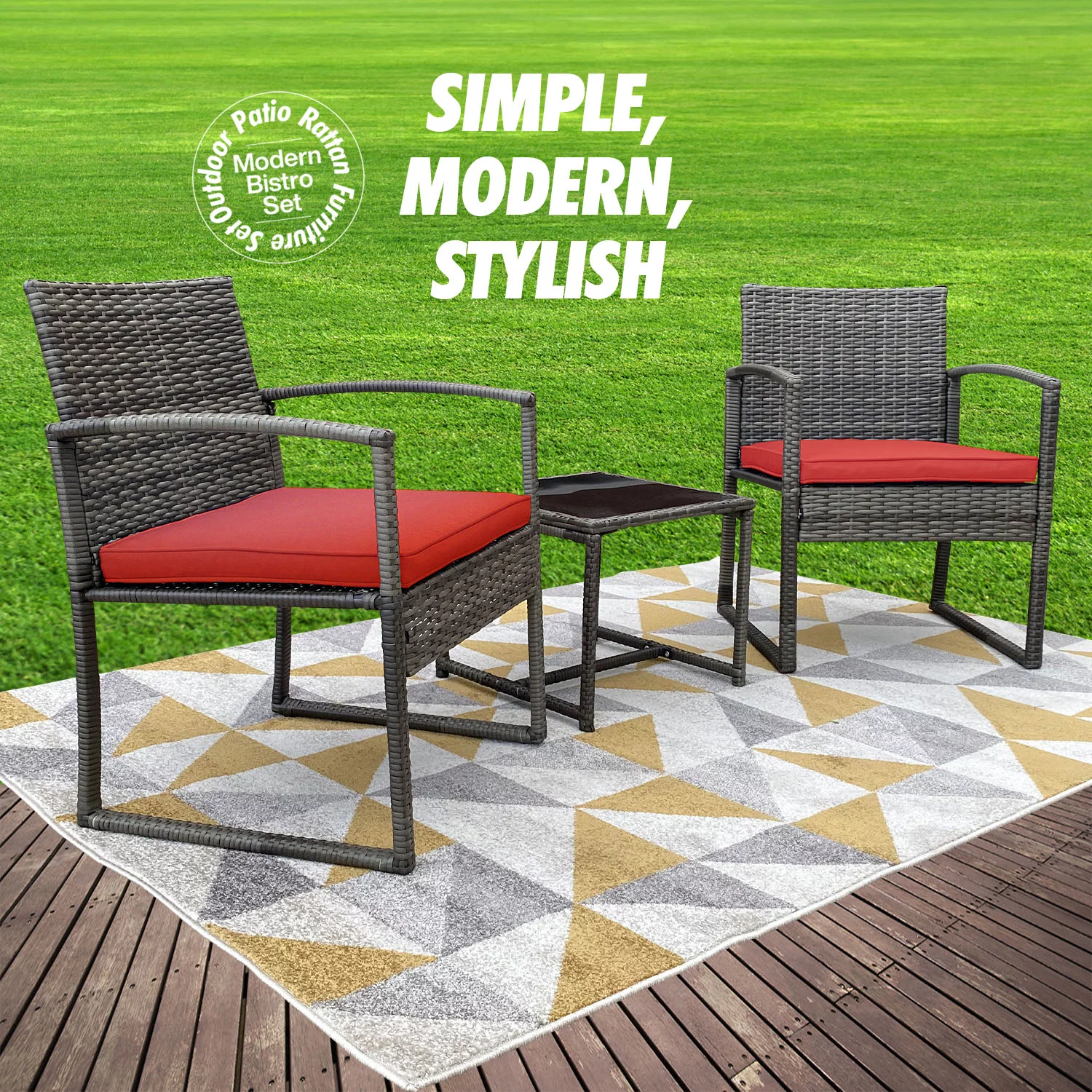 Bambina 3-Piece Stylish Rattan Bistro Furniture Set -2 Chairs With Perfect Solid Glass Tea Table - Red
