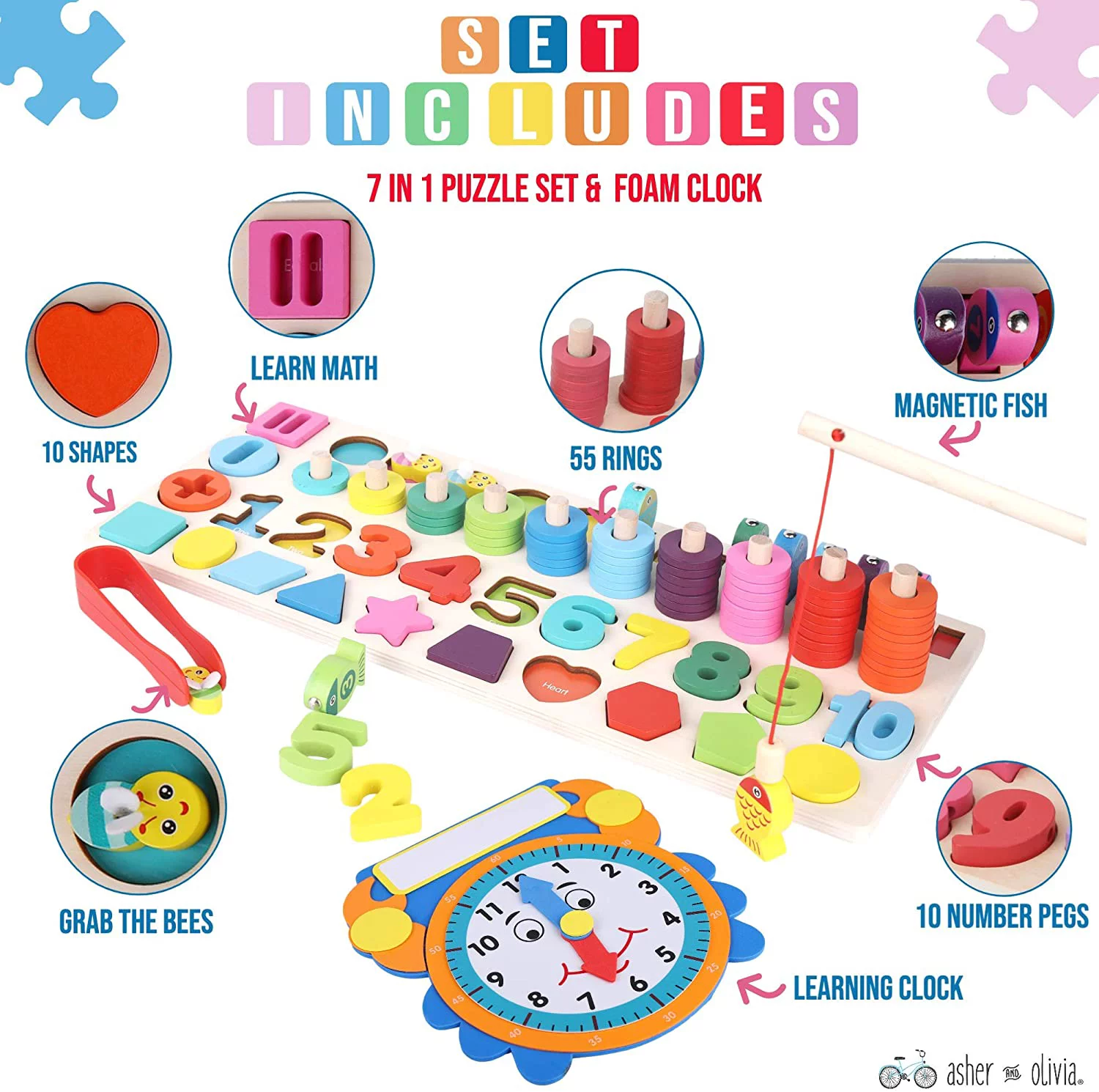 ASHER AND OLIVIA Wooden Montessori 7-1 Puzzle Set – Math, Number, Shape, Picking, Stacking, Counting, Fishing Set with Learning Clock